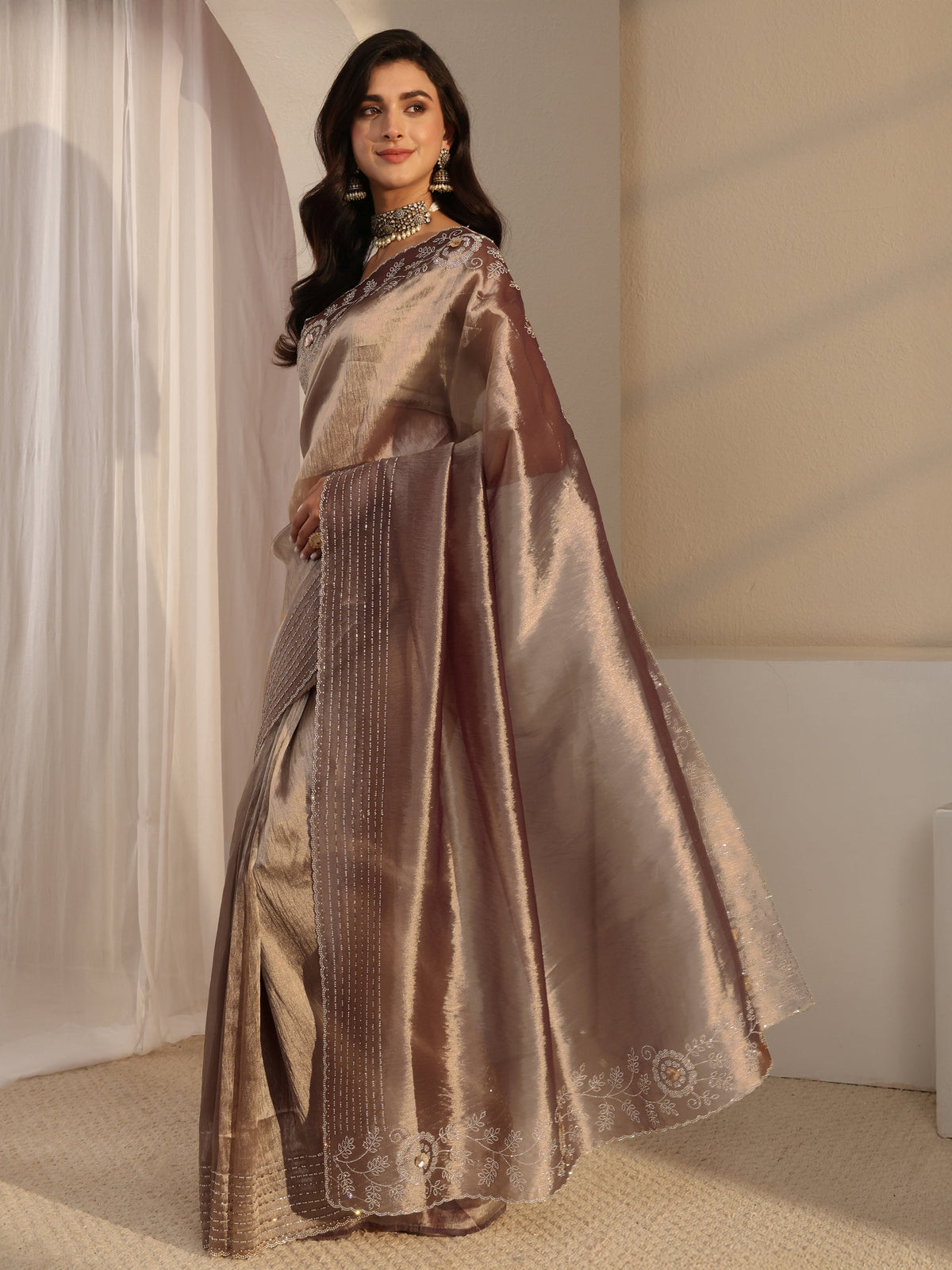 Anouk Mauve Embellished Chiffon Saree With Unstitched Blouse Piece