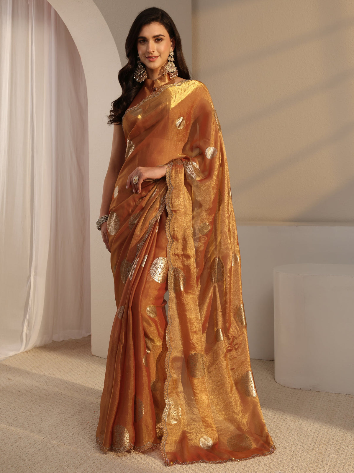 Anouk Peach Foil Printed Tissue Saree With Unstitched Blouse Piece