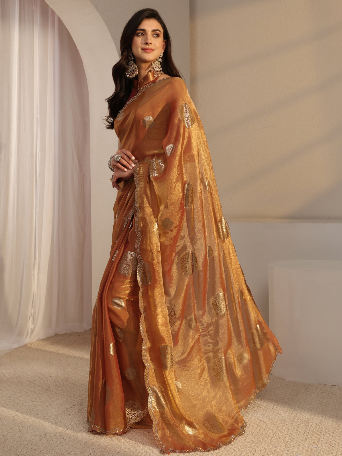 Anouk Peach Foil Printed Tissue Saree With Unstitched Blouse Piece