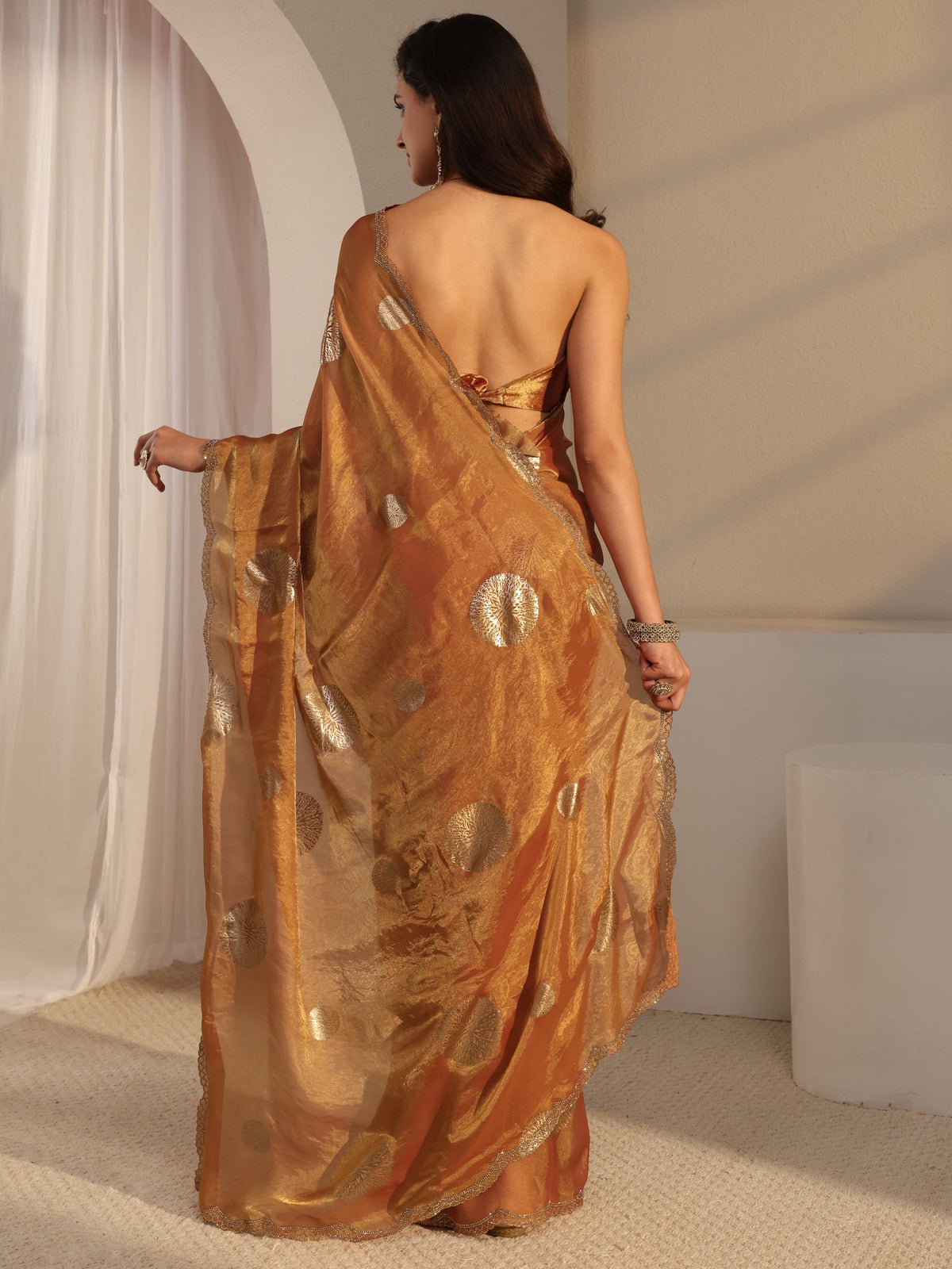 Anouk Peach Foil Printed Tissue Saree With Unstitched Blouse Piece