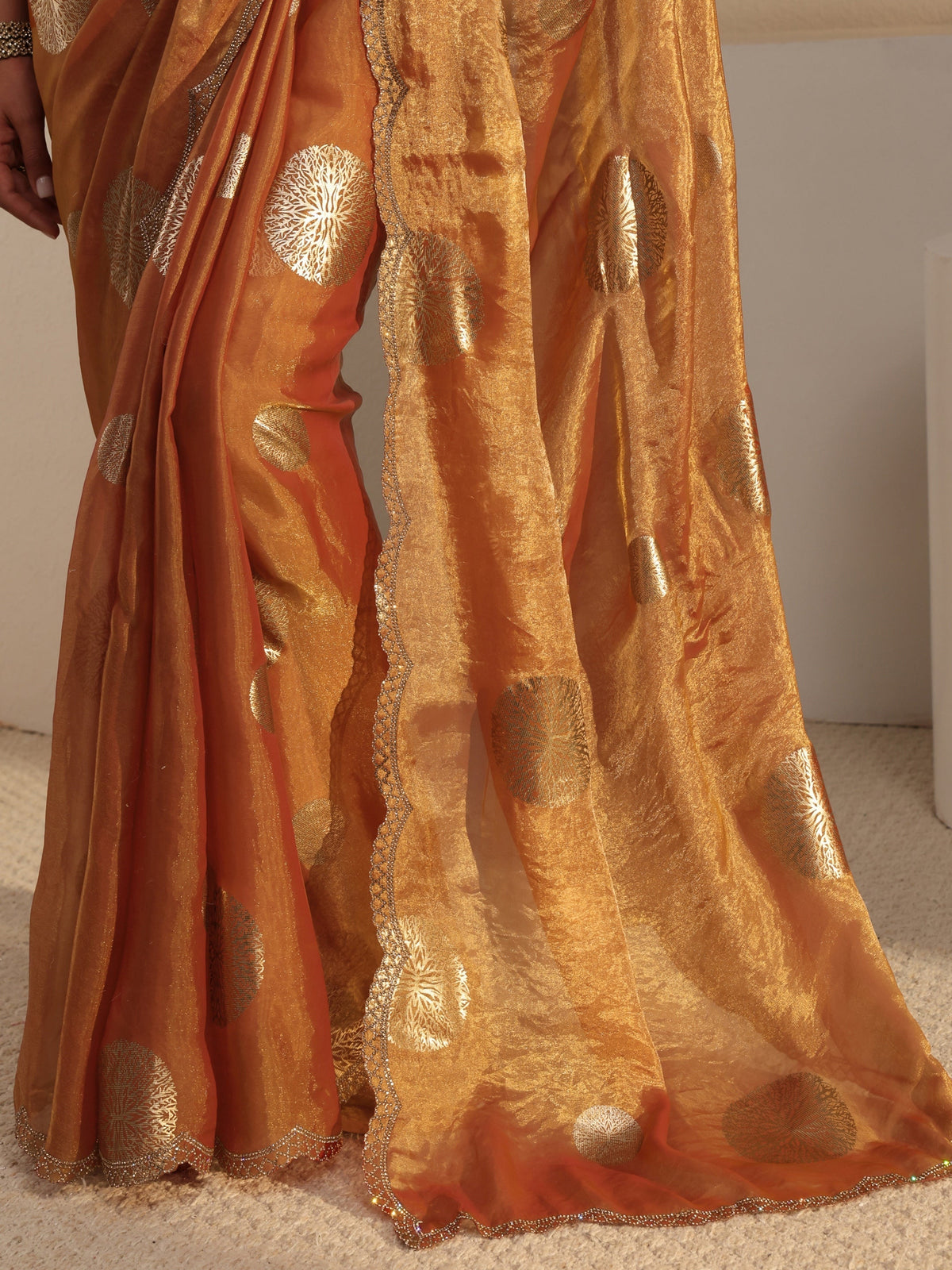 Anouk Peach Foil Printed Tissue Saree With Unstitched Blouse Piece