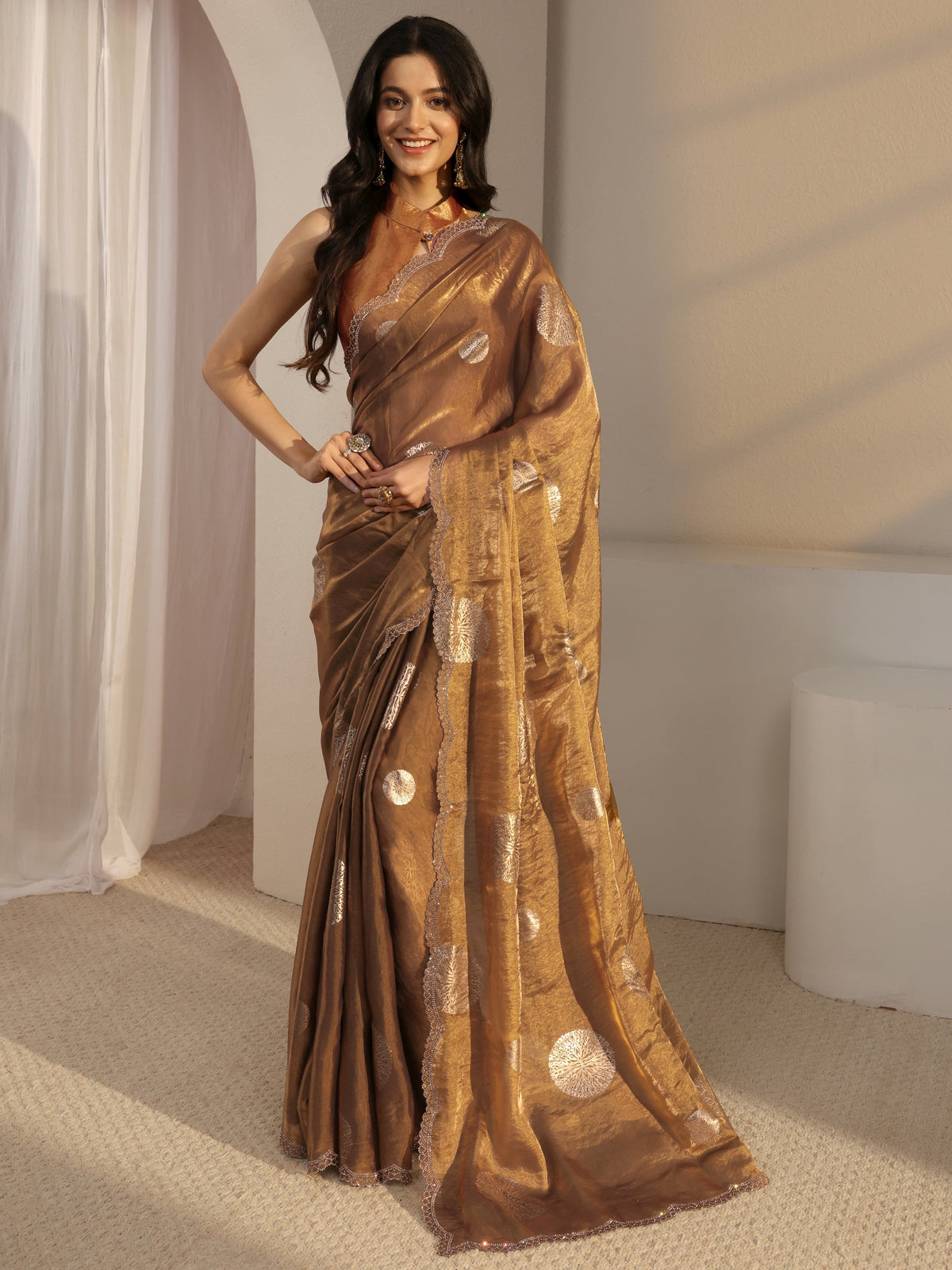 Anouk Golden Foil Print Tissue Saree With Unstiched Blouse Piece