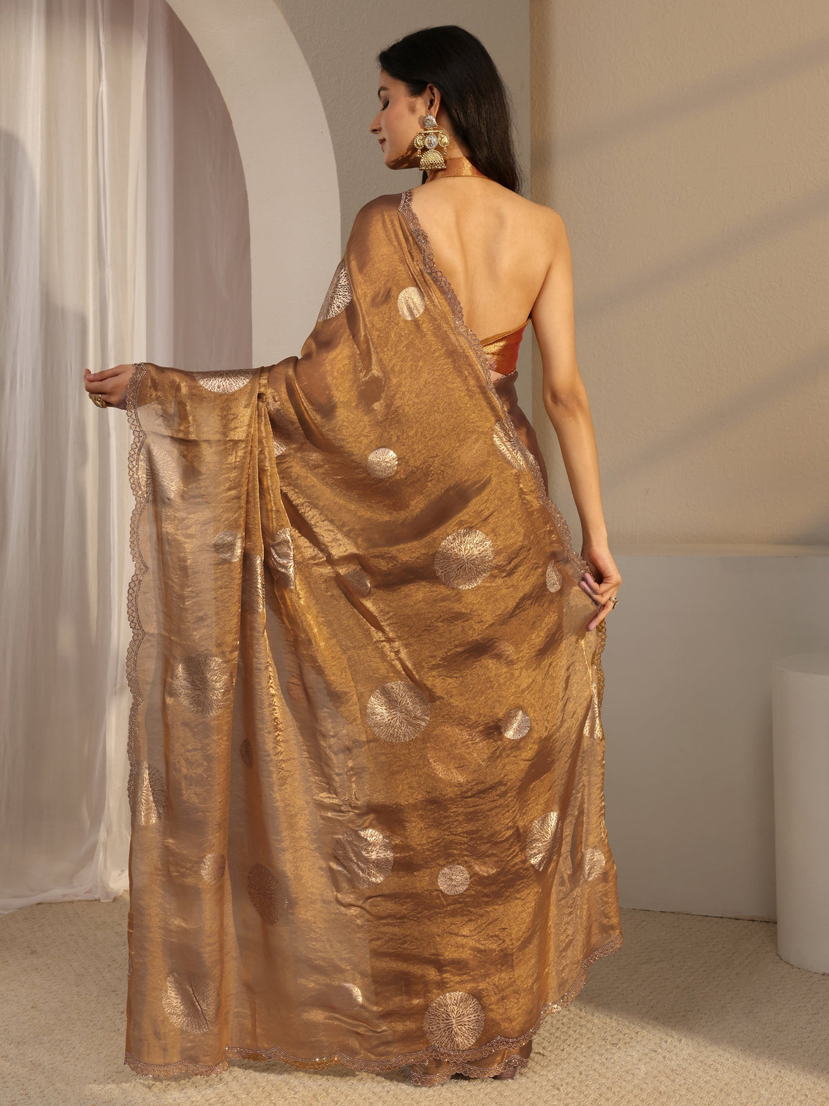 Anouk Golden Foil Print Tissue Saree With Unstiched Blouse Piece
