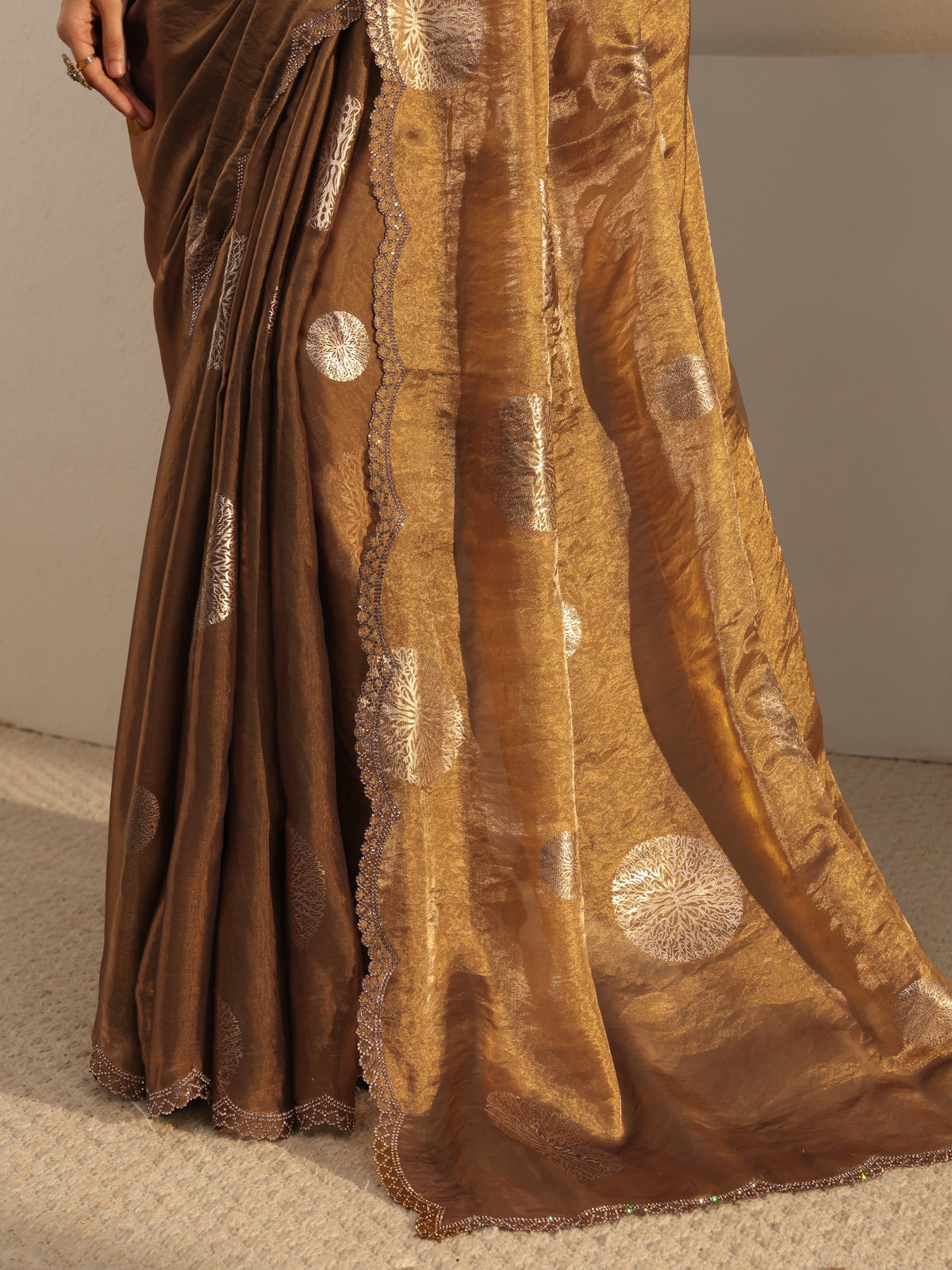 Anouk Golden Foil Print Tissue Saree With Unstiched Blouse Piece