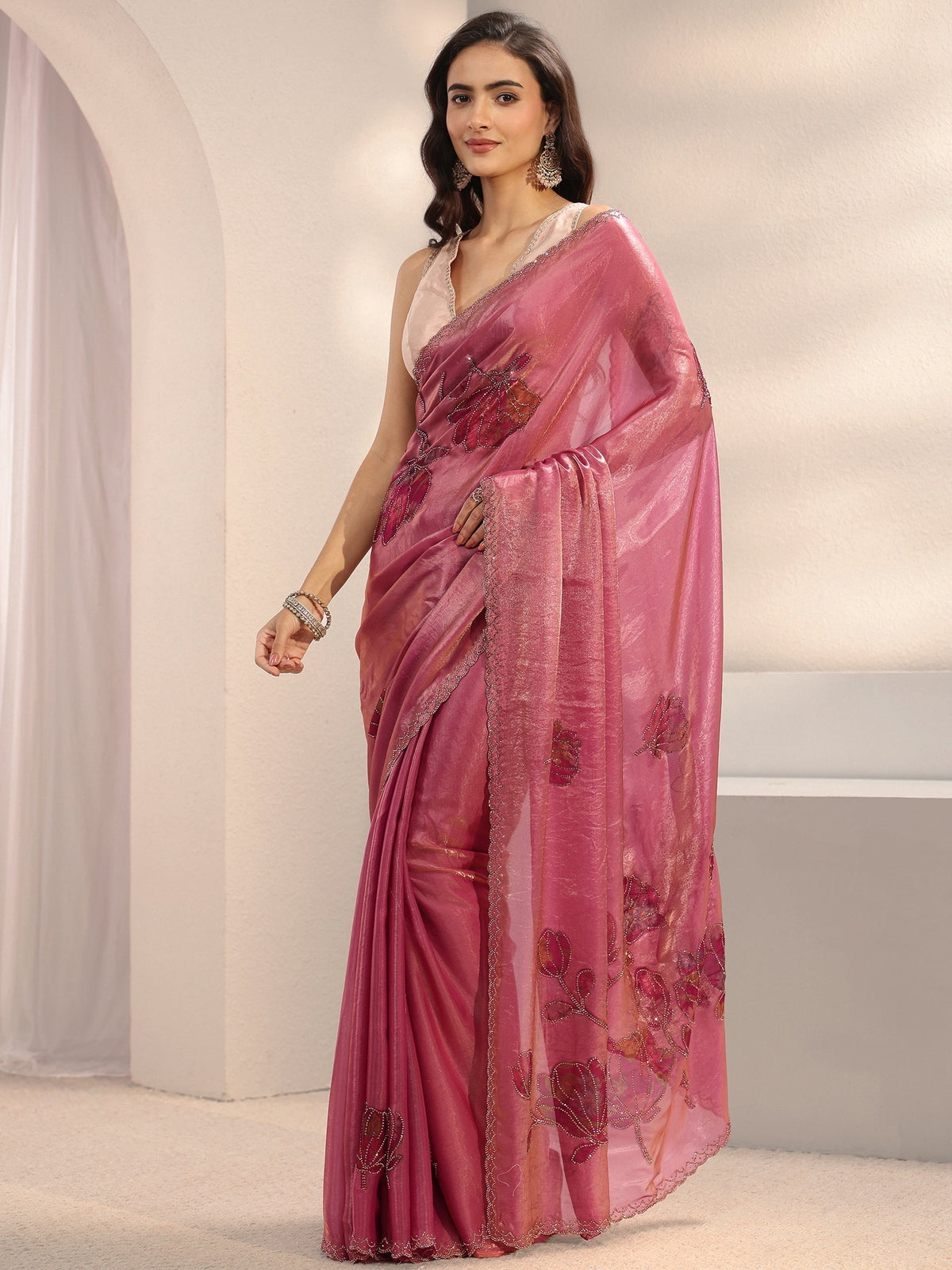 Anouk Pink Floral Embellished Tissue Saree With Unstitched Blouse Piece
