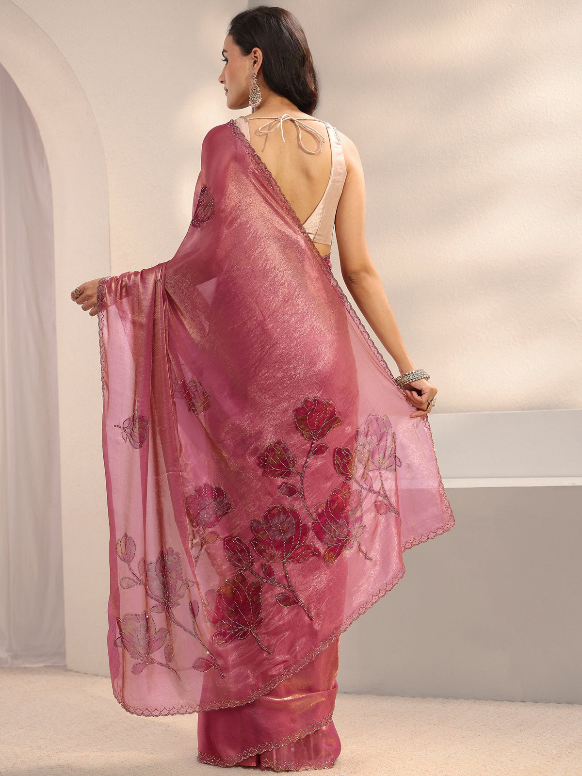 Anouk Pink Floral Embellished Tissue Saree With Unstitched Blouse Piece