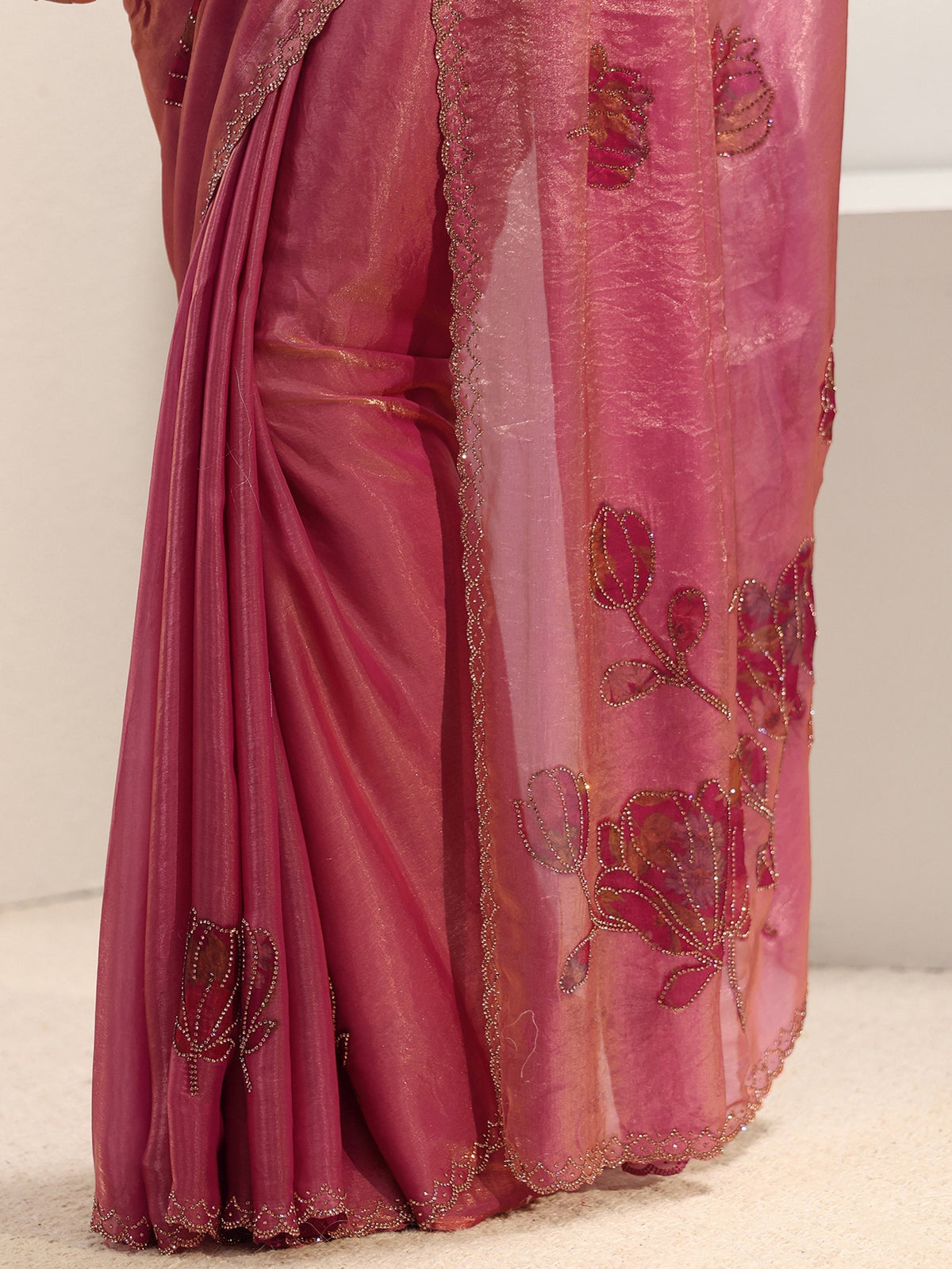 Anouk Pink Floral Embellished Tissue Saree With Unstitched Blouse Piece