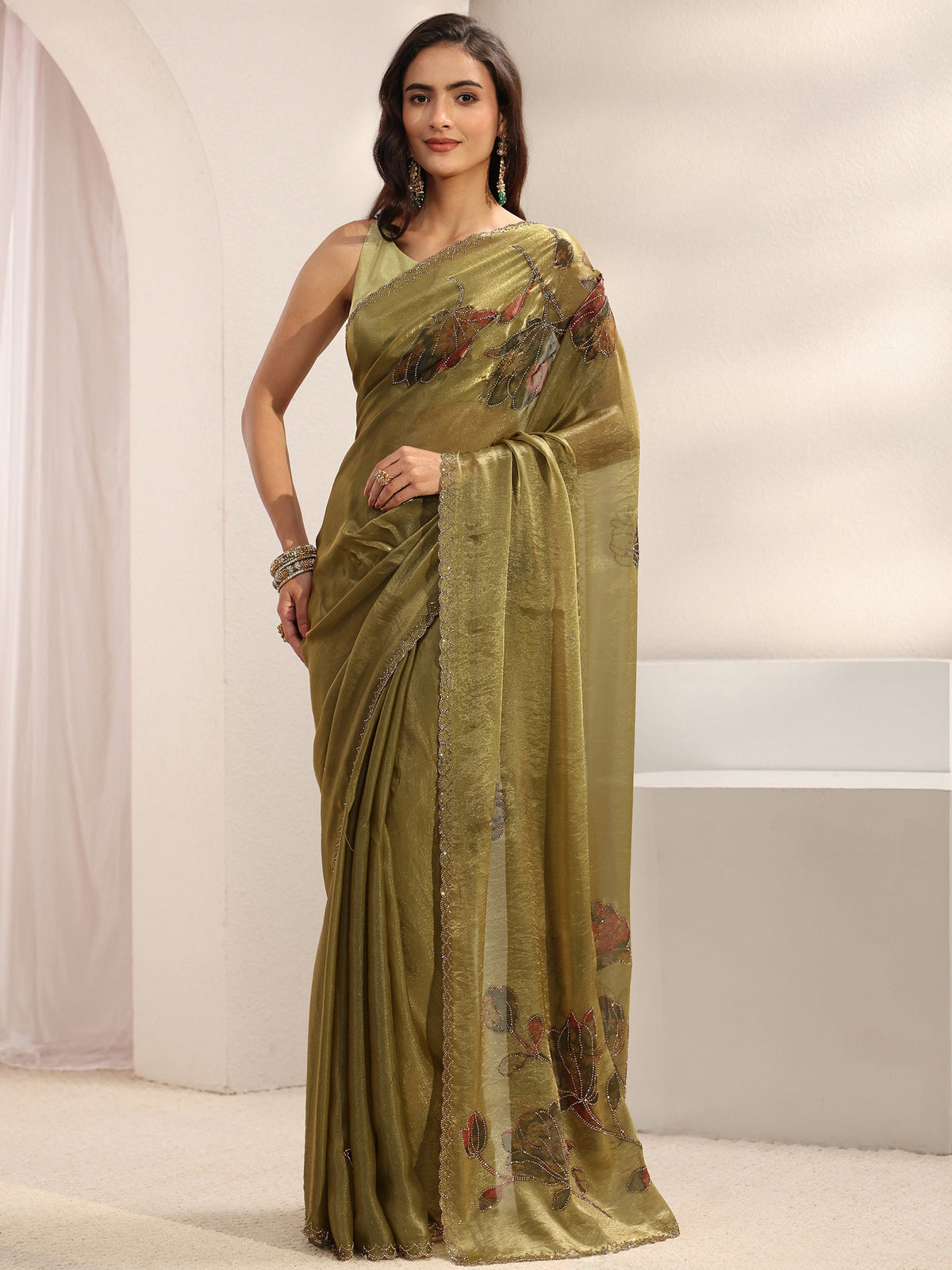 Anouk Green Floral Embellished Tissue Saree With Unstitched Blouse Piece