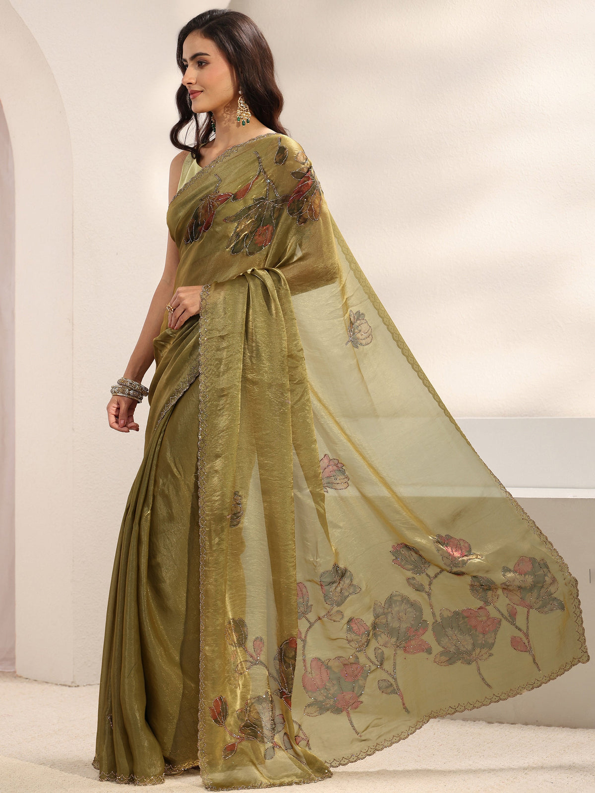 Anouk Green Floral Embellished Tissue Saree With Unstitched Blouse Piece