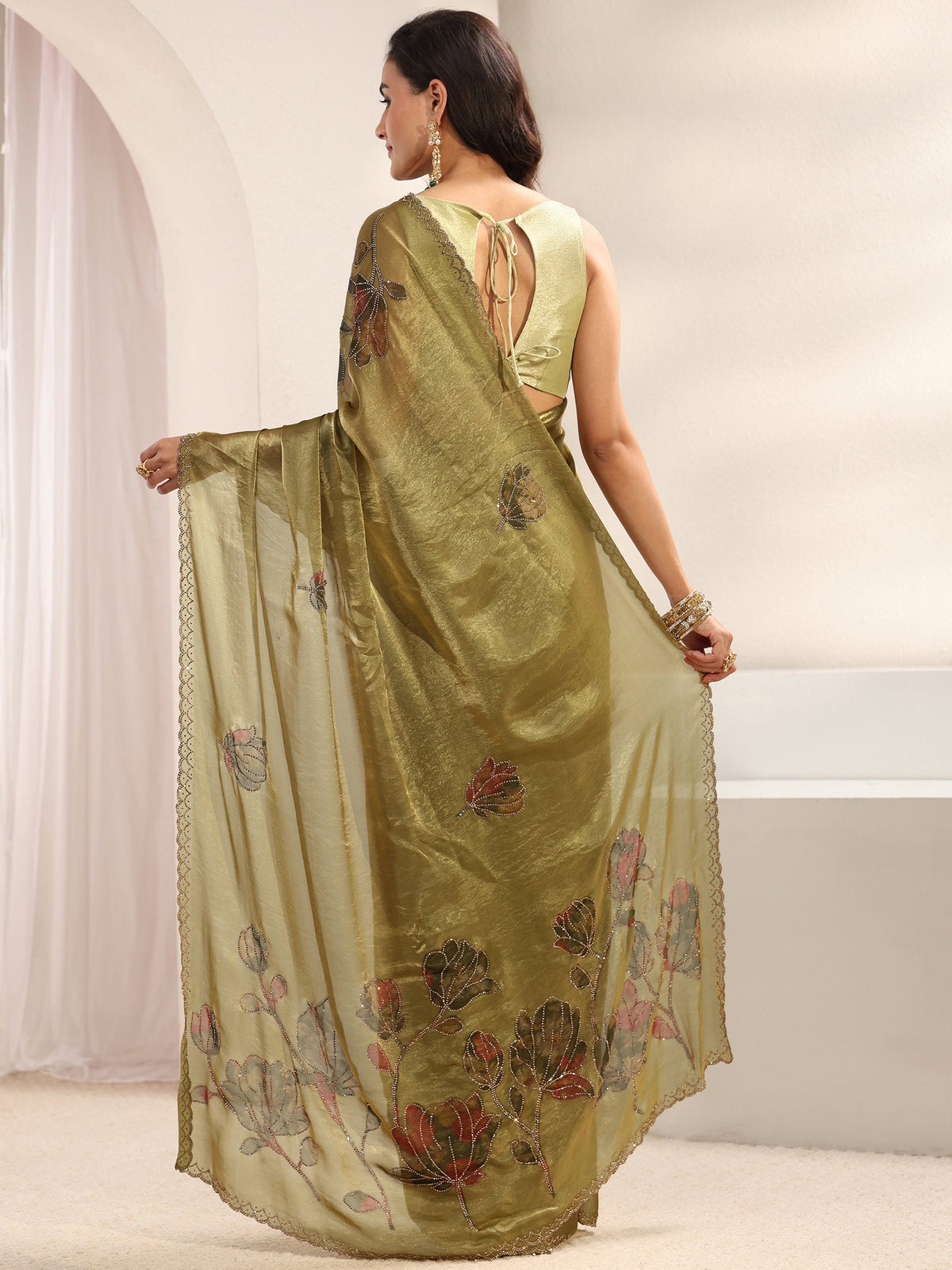 Anouk Green Floral Embellished Tissue Saree With Unstitched Blouse Piece