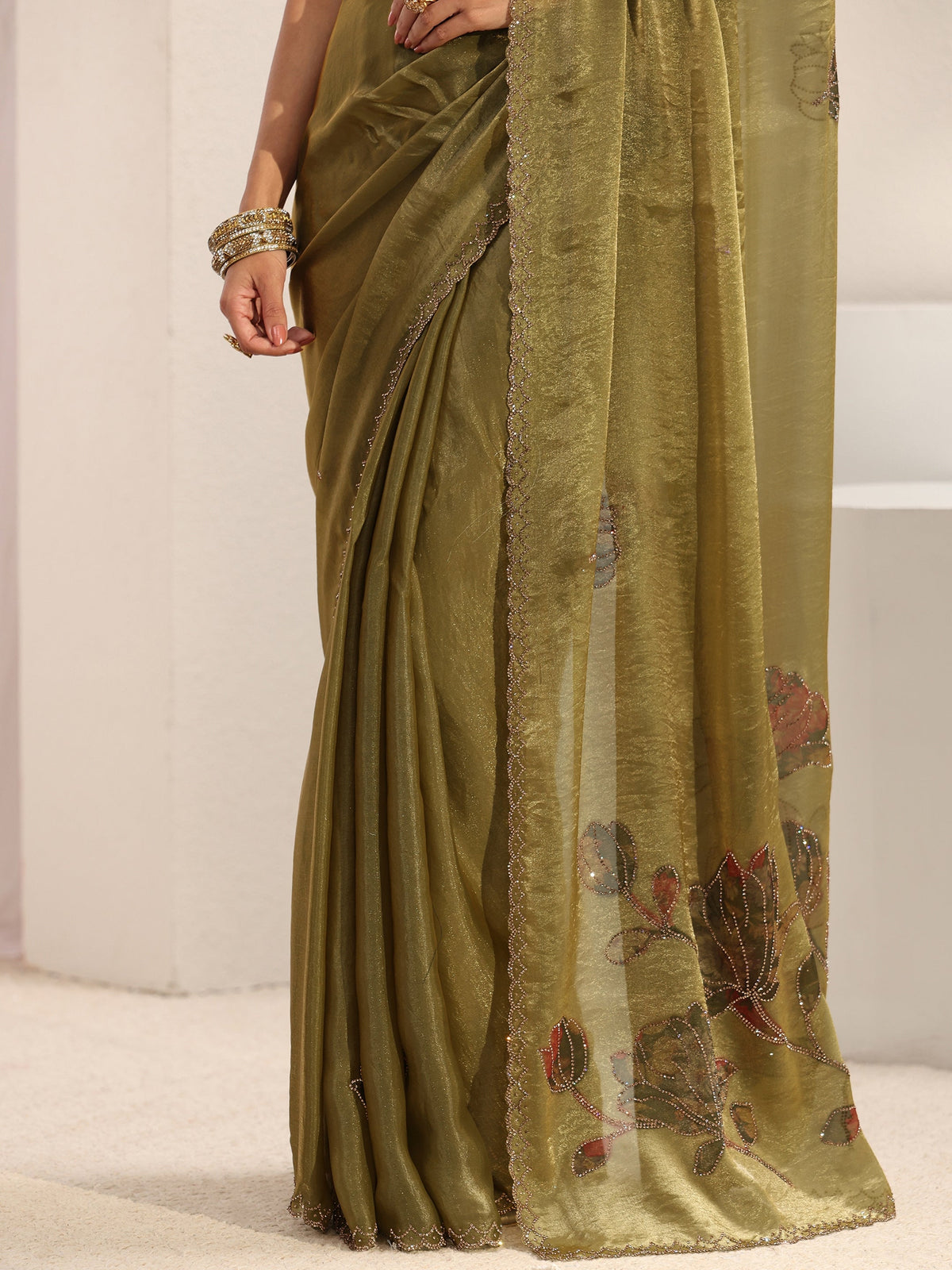 Anouk Green Floral Embellished Tissue Saree With Unstitched Blouse Piece