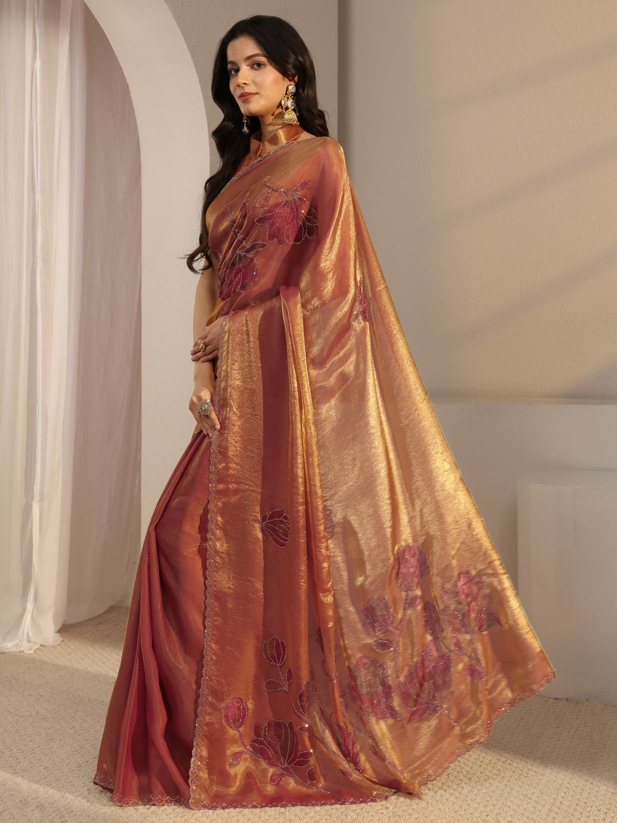 Anouk Orange Embellished Tissue Saree With Unstiched Blouse Piece