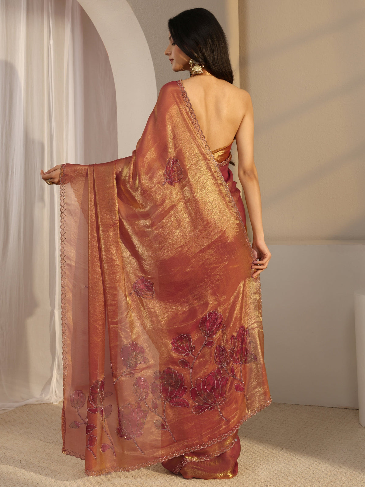 Anouk Orange Embellished Tissue Saree With Unstiched Blouse Piece