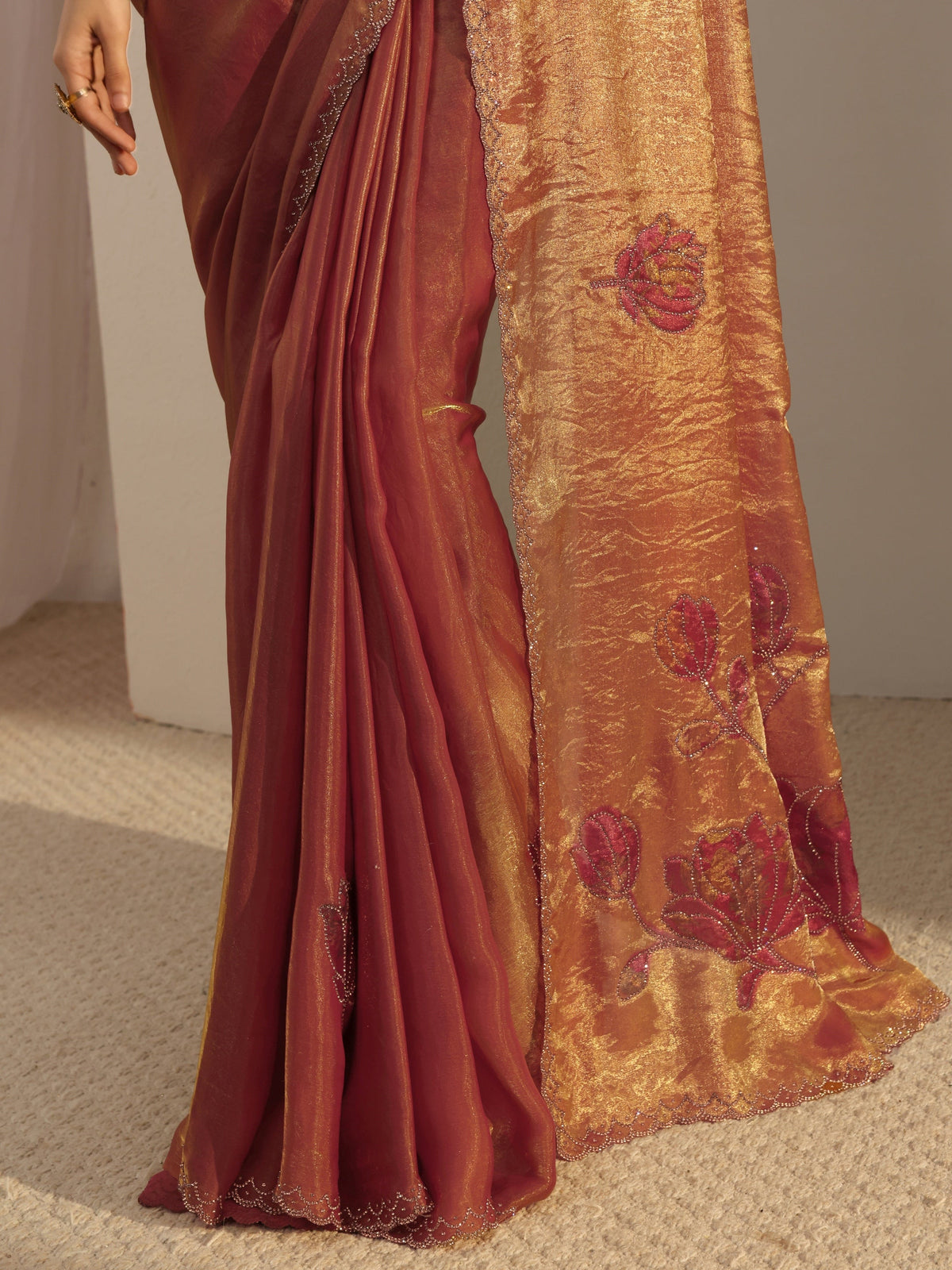 Anouk Orange Embellished Tissue Saree With Unstiched Blouse Piece