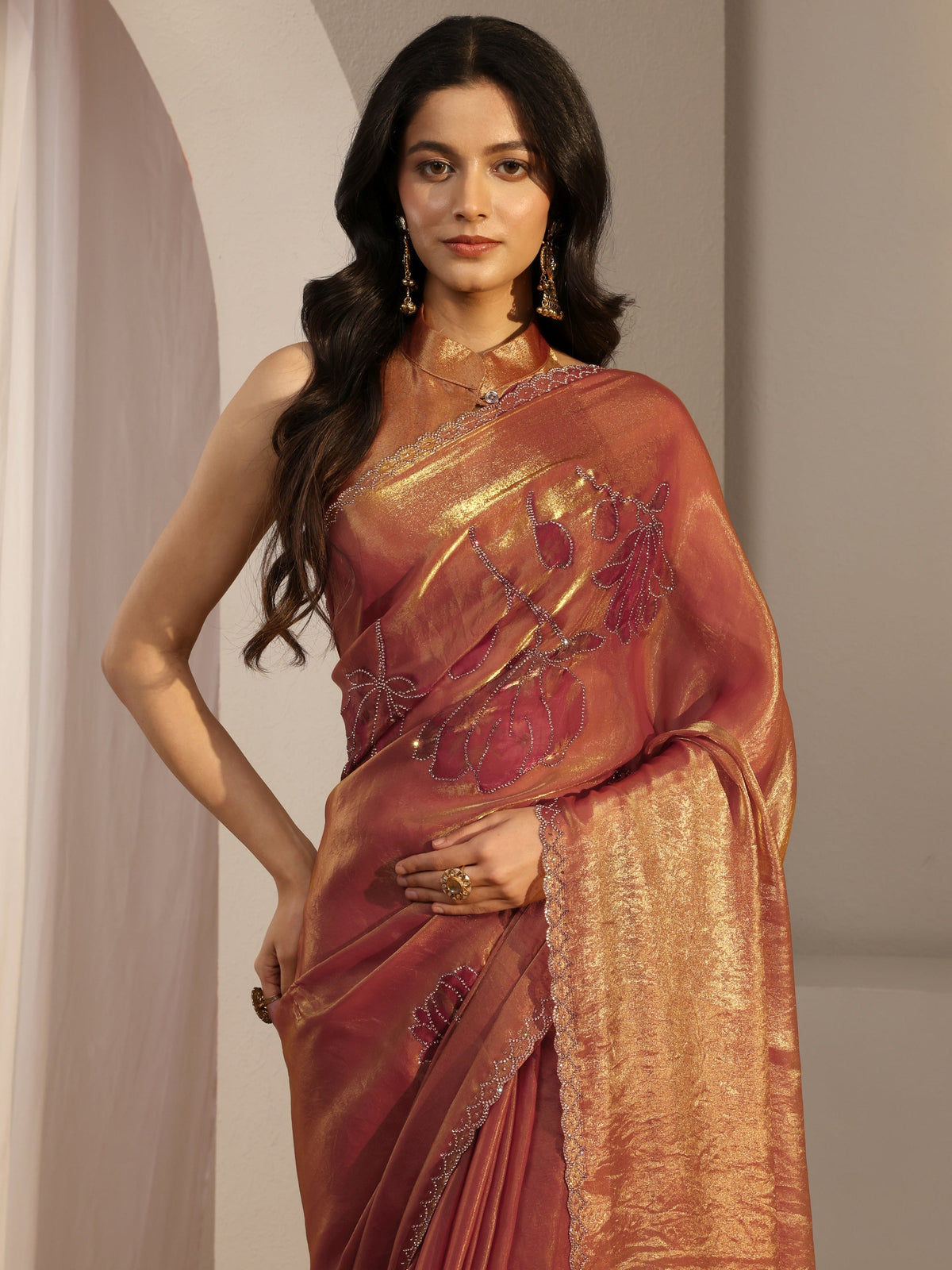 Anouk Orange Embellished Tissue Saree With Unstiched Blouse Piece