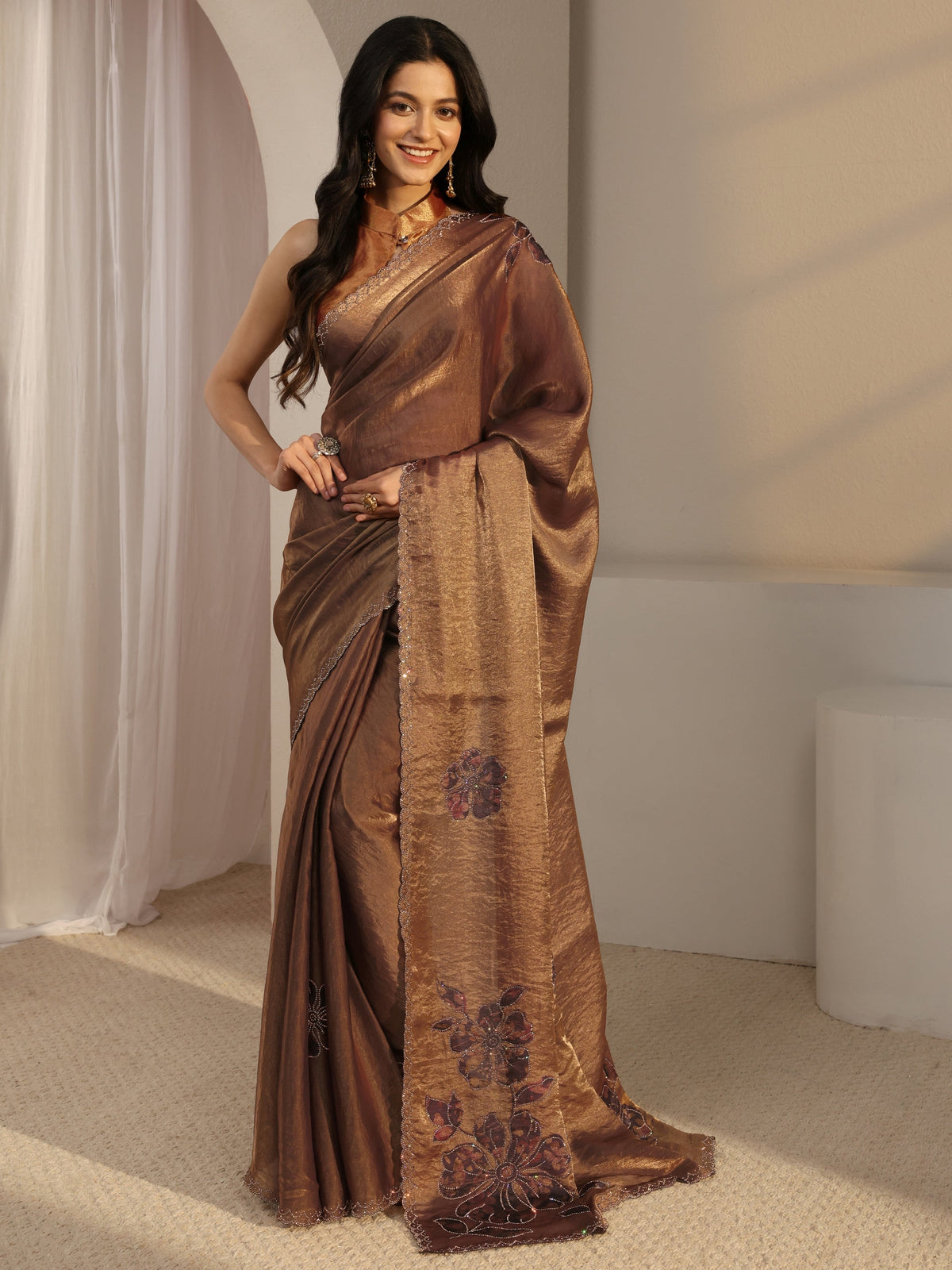 Anouk Golden Embellished Tissue Saree With Unstiched Blouse Piece