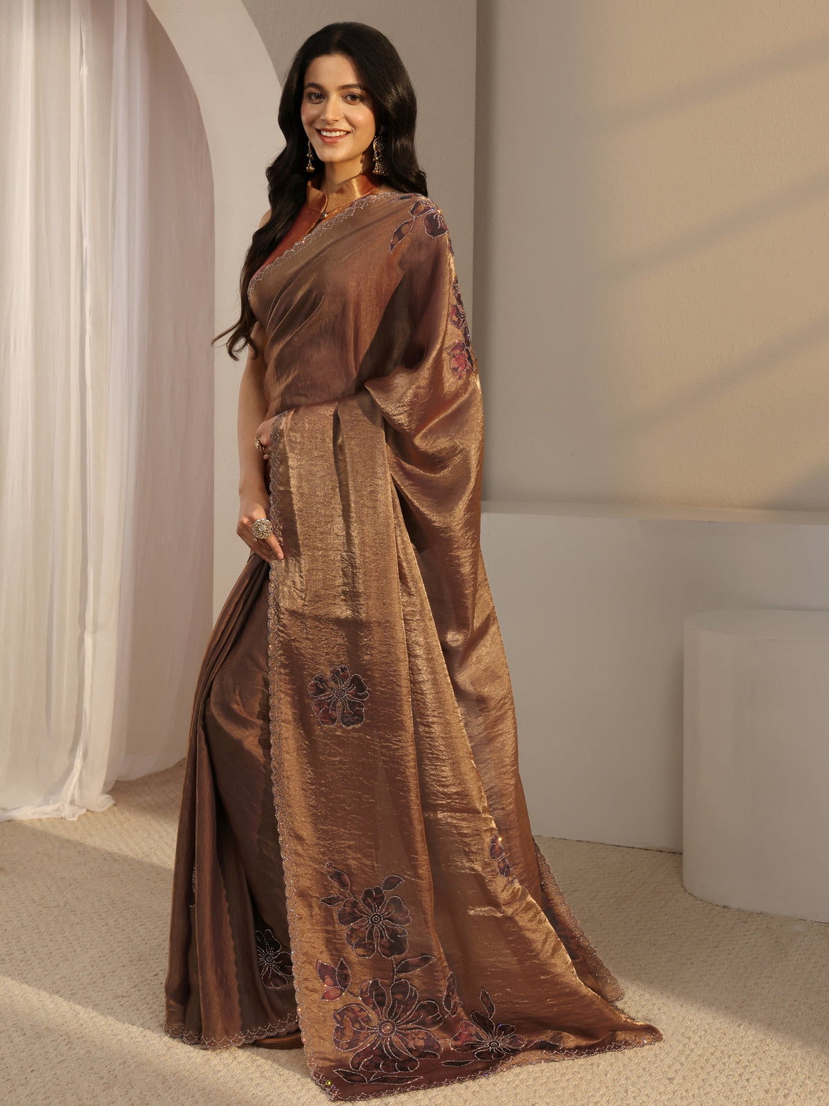 Anouk Golden Embellished Tissue Saree With Unstiched Blouse Piece