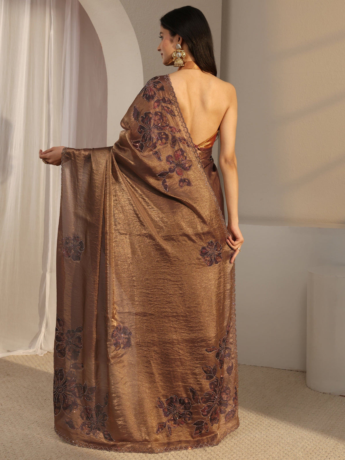 Anouk Golden Embellished Tissue Saree With Unstiched Blouse Piece