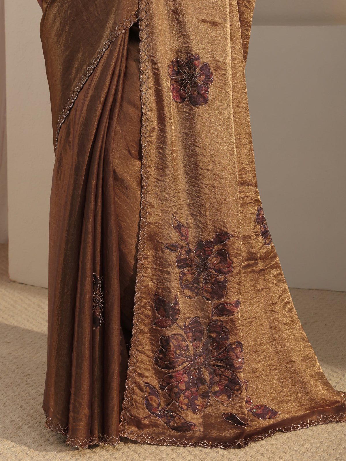 Anouk Golden Embellished Tissue Saree With Unstiched Blouse Piece