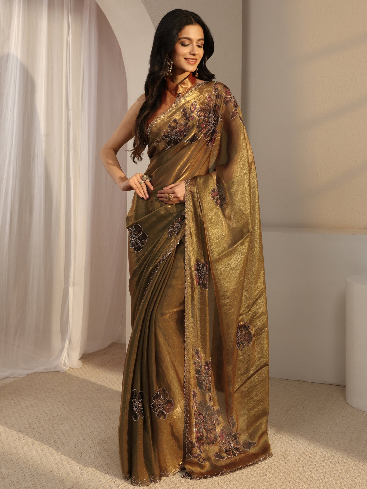 Anouk Golden Embellished Tissue Saree With Unstiched Blouse Piece