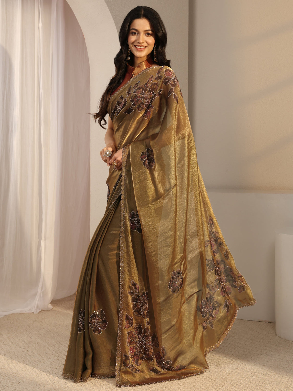 Anouk Golden Embellished Tissue Saree With Unstiched Blouse Piece