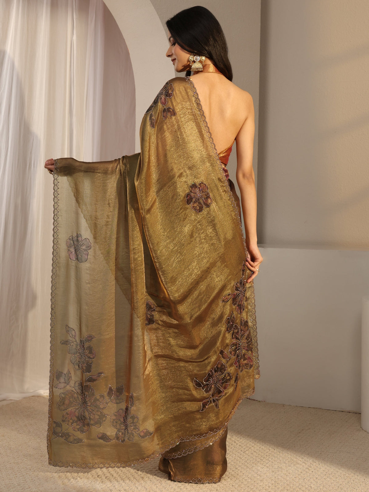 Anouk Golden Embellished Tissue Saree With Unstiched Blouse Piece