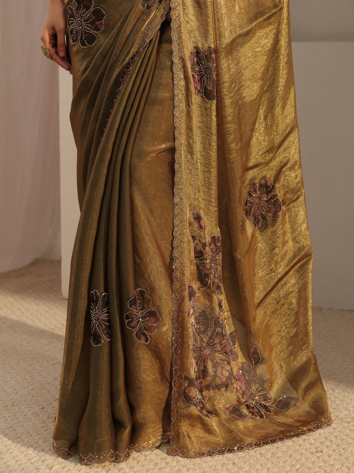 Anouk Golden Embellished Tissue Saree With Unstiched Blouse Piece