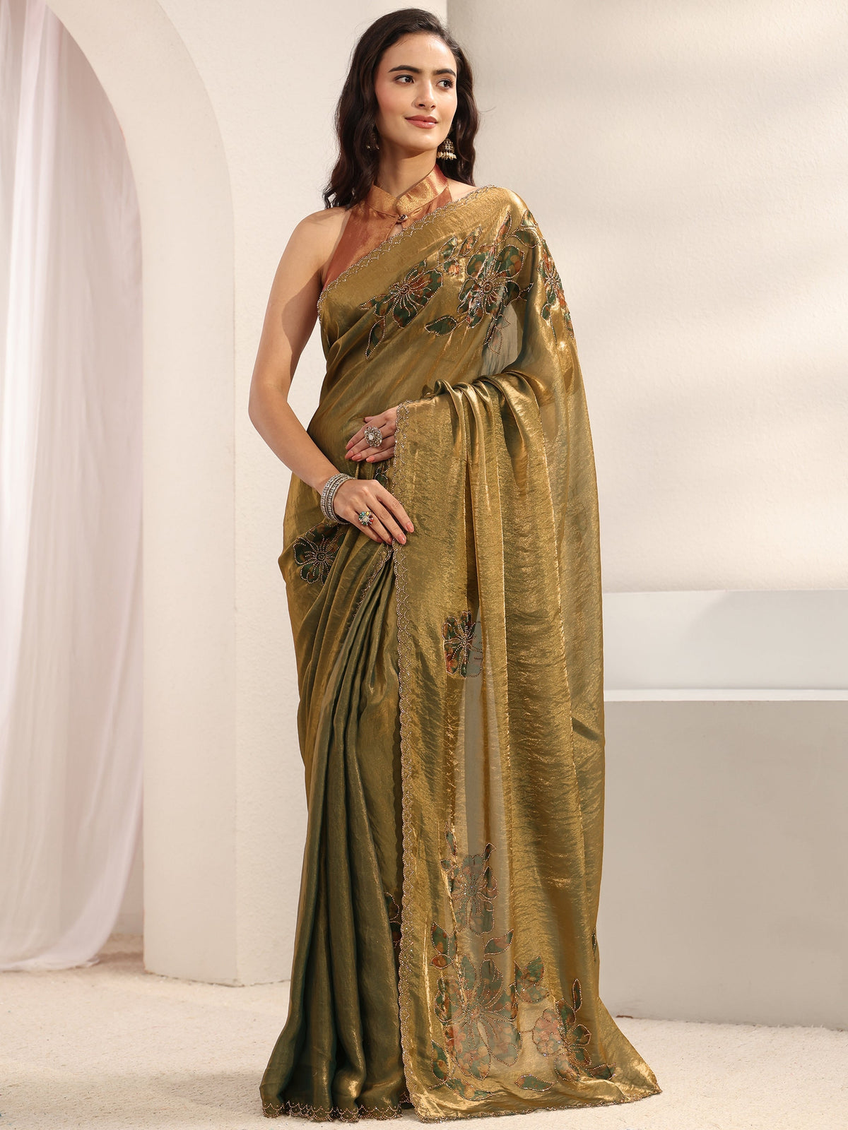 Anouk Green Floral Embellished Tissue Saree With Unstitched Blouse Piece