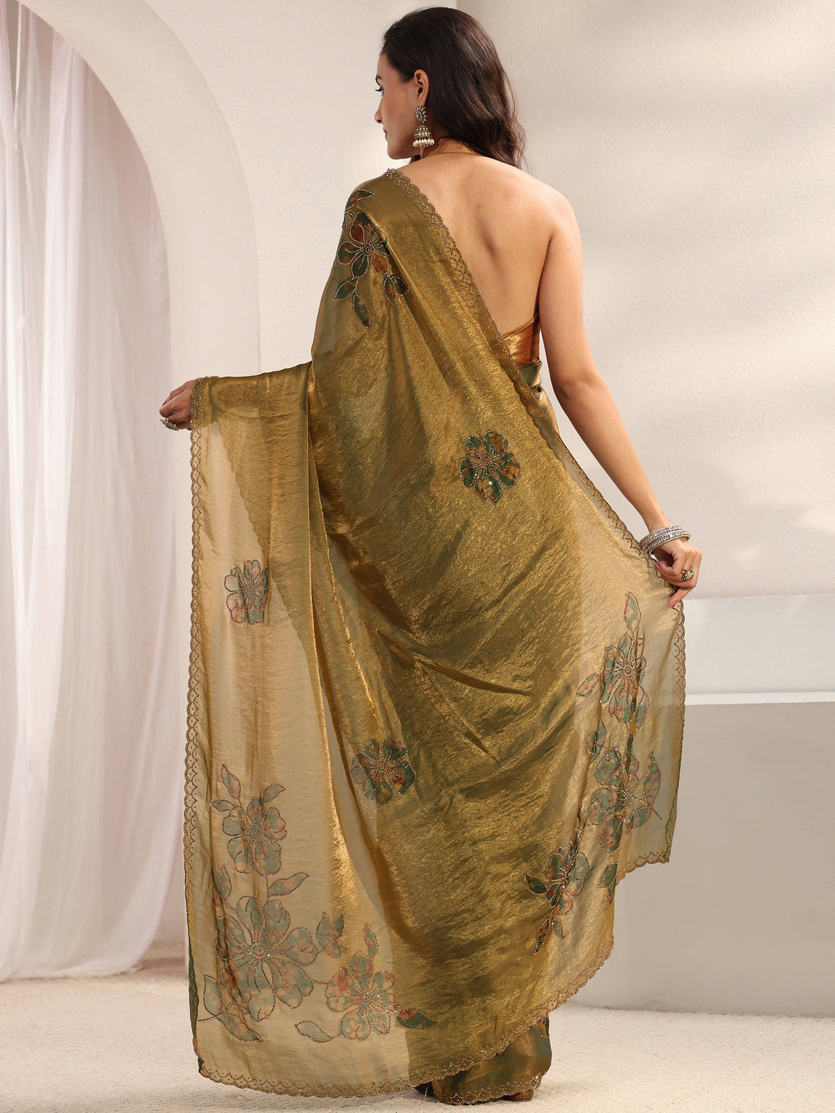 Anouk Green Floral Embellished Tissue Saree With Unstitched Blouse Piece