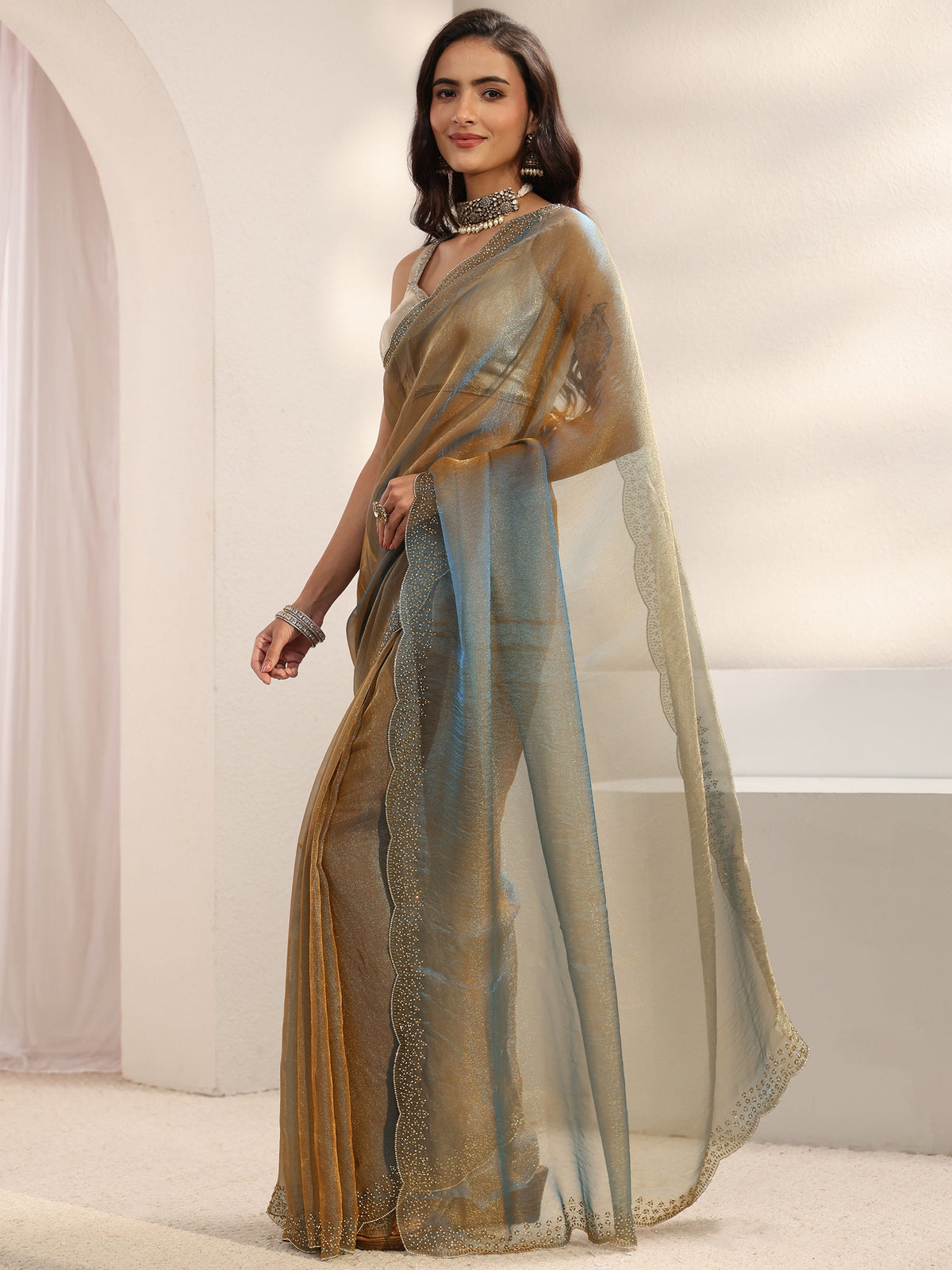 Anouk Blue Embellished Border Tissue Saree With Unstitched Blouse Piece