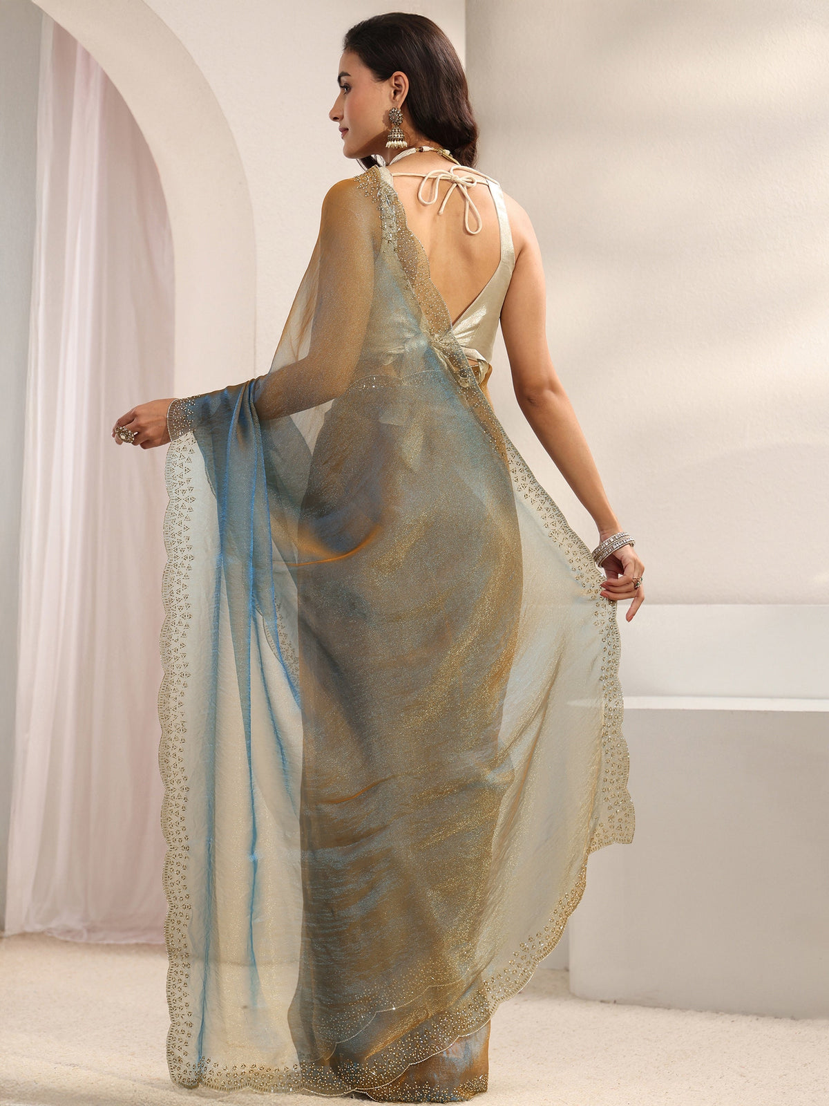 Anouk Blue Embellished Border Tissue Saree With Unstitched Blouse Piece
