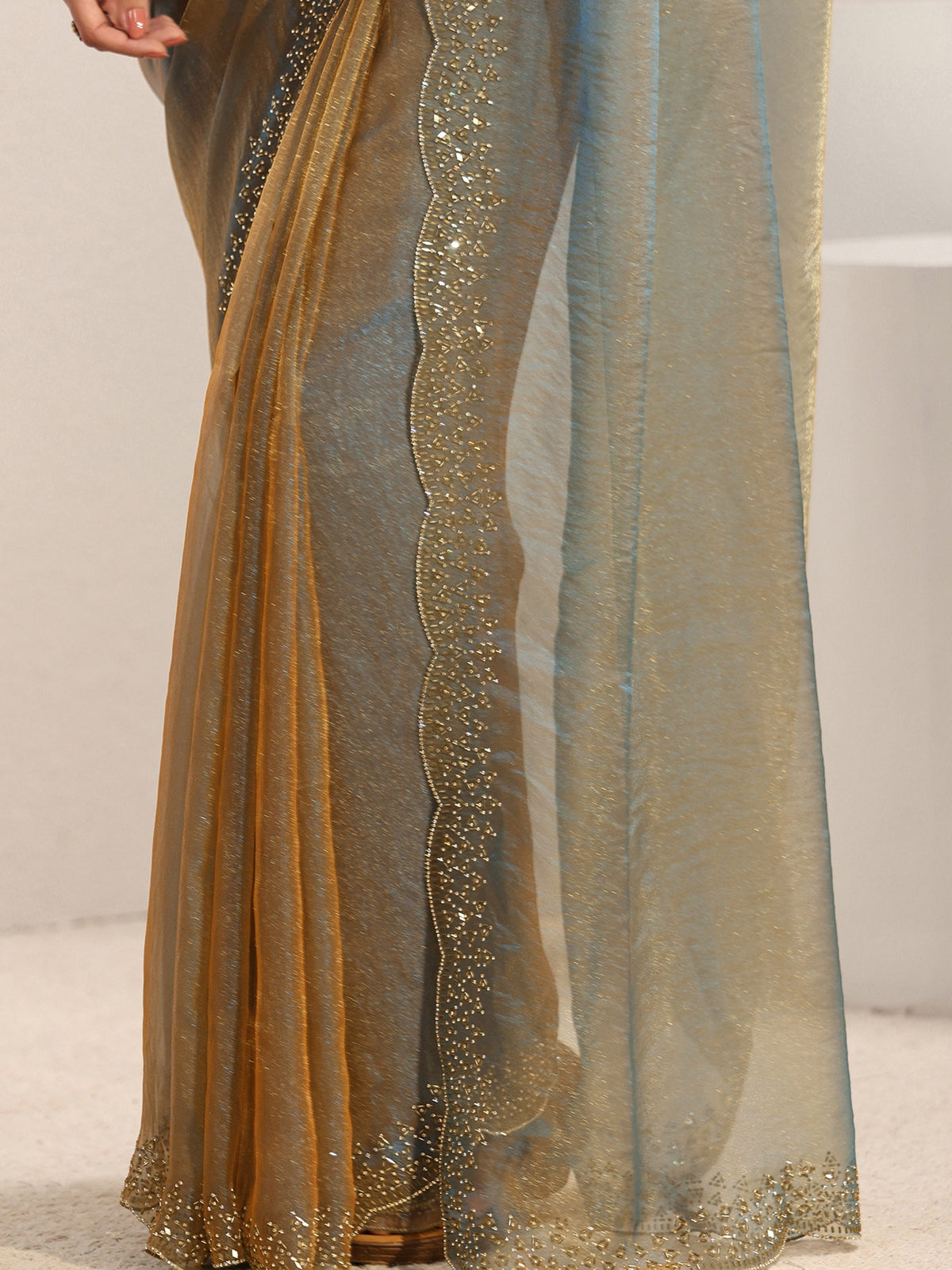 Anouk Blue Embellished Border Tissue Saree With Unstitched Blouse Piece