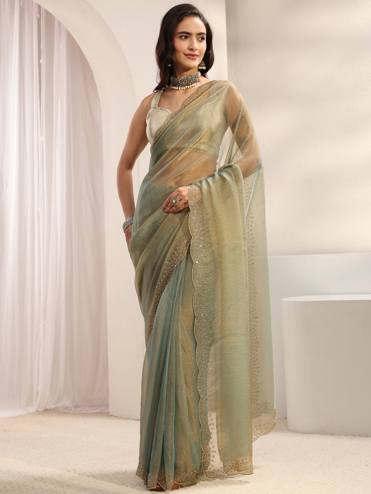 Anouk Green Embellished Border Tissue Saree With Unstitched Blouse Piece