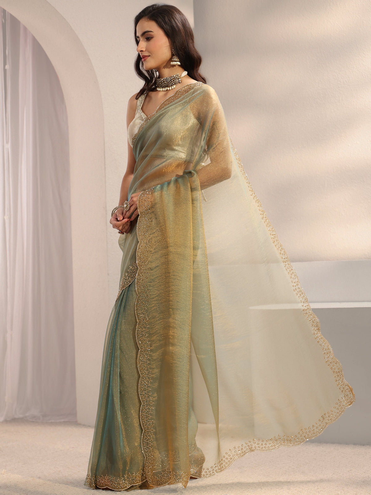 Anouk Green Embellished Border Tissue Saree With Unstitched Blouse Piece