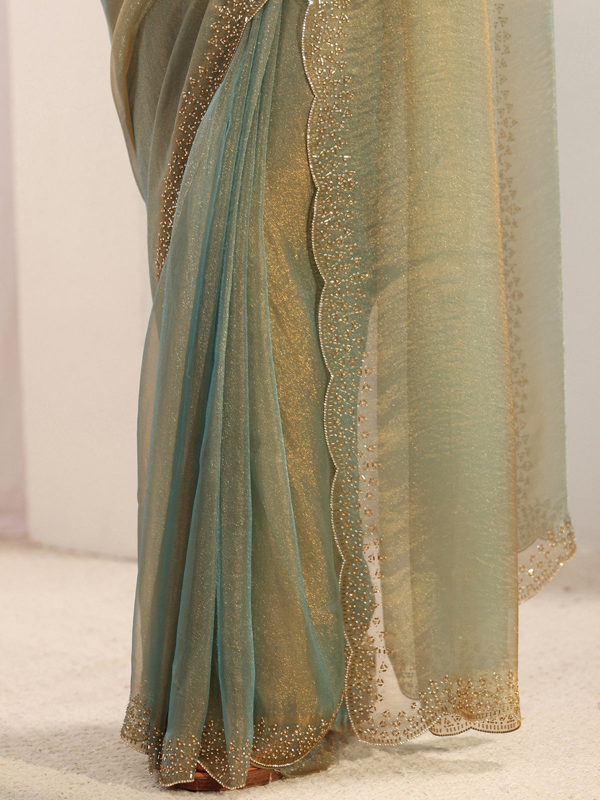 Anouk Green Embellished Border Tissue Saree With Unstitched Blouse Piece