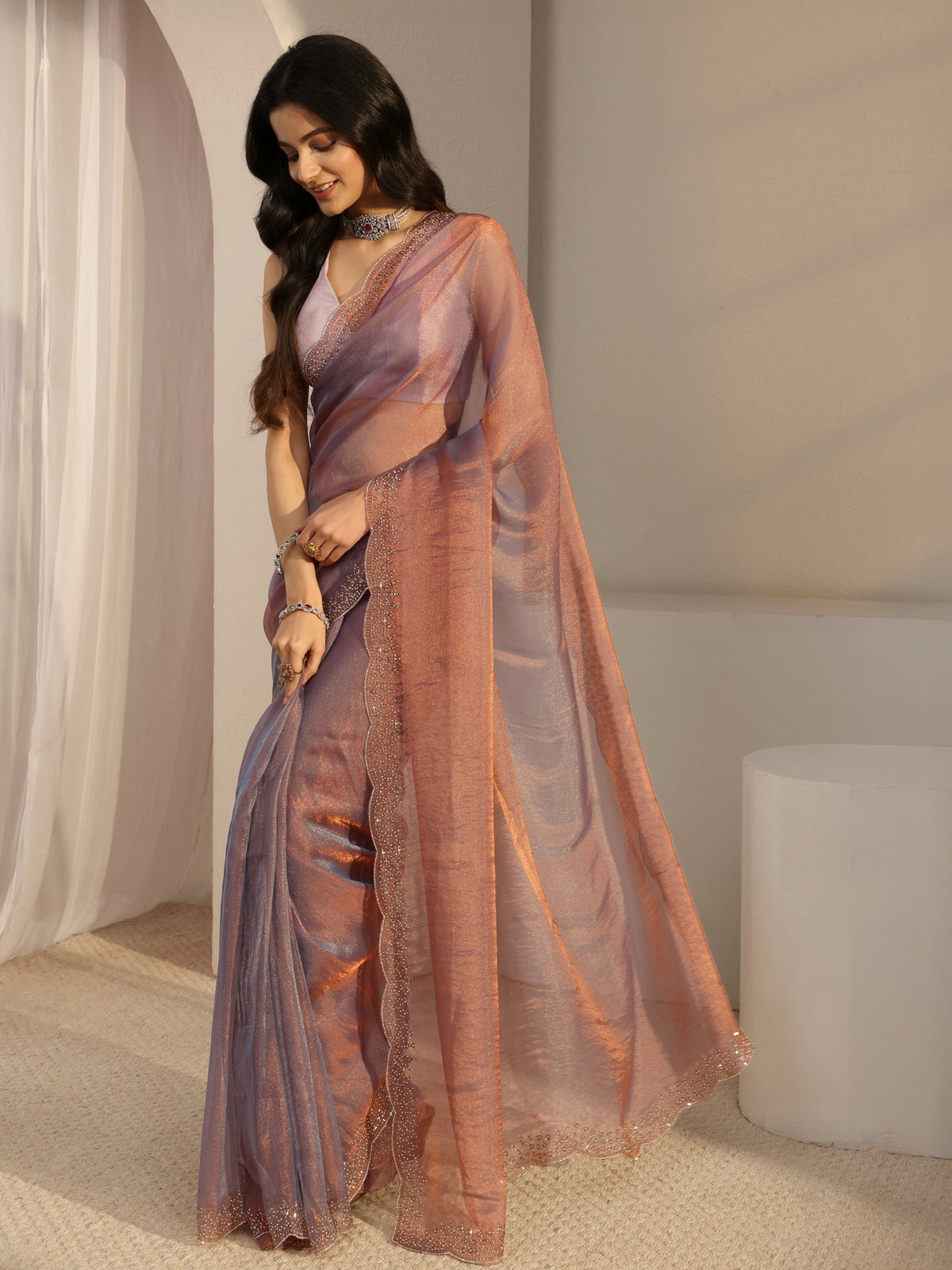 Anouk Purple Embellished Tissue Saree With Unstiched Blouse Piece