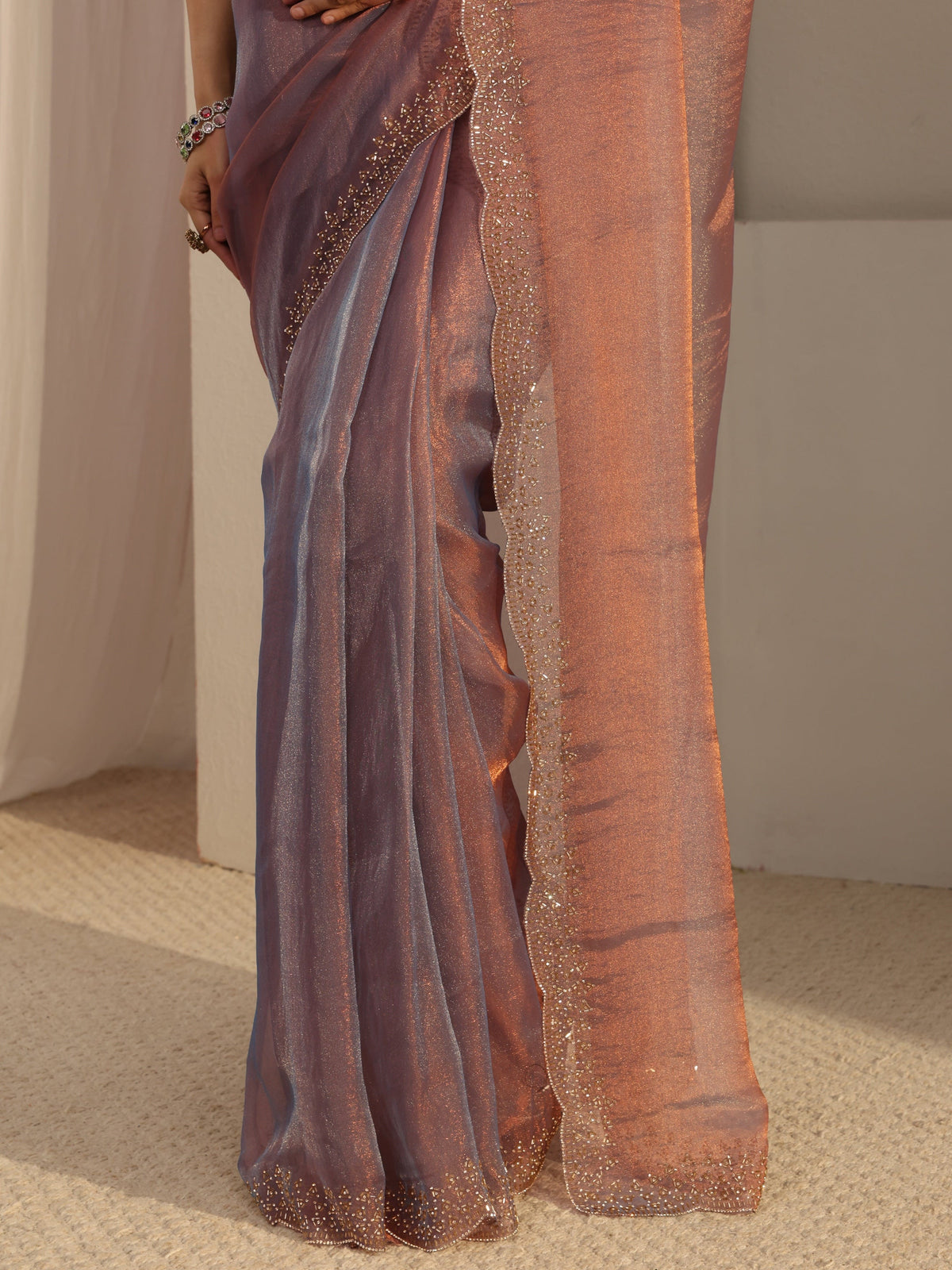 Anouk Purple Embellished Tissue Saree With Unstiched Blouse Piece