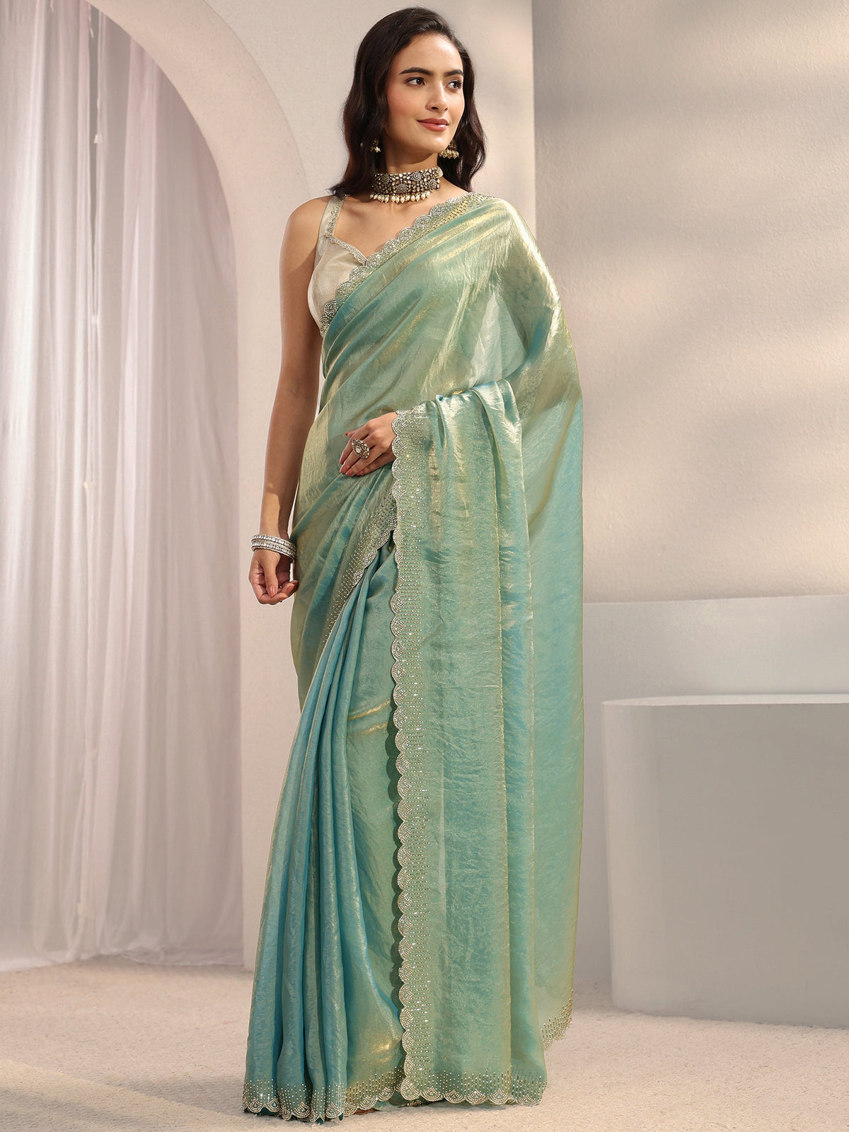 Anouk Blue Embellished Border Tissue Saree With Unstitched Blouse Piece