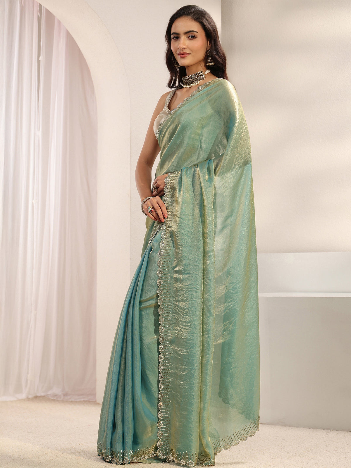 Anouk Blue Embellished Border Tissue Saree With Unstitched Blouse Piece