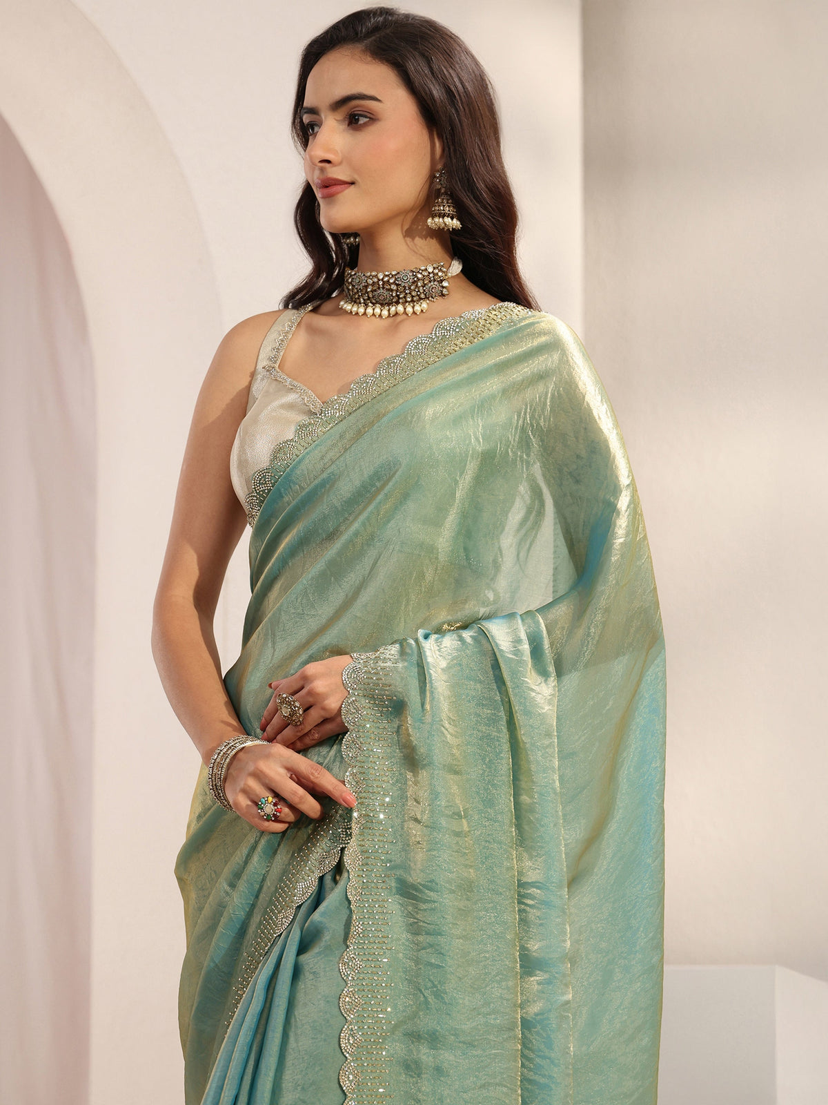 Anouk Blue Embellished Border Tissue Saree With Unstitched Blouse Piece