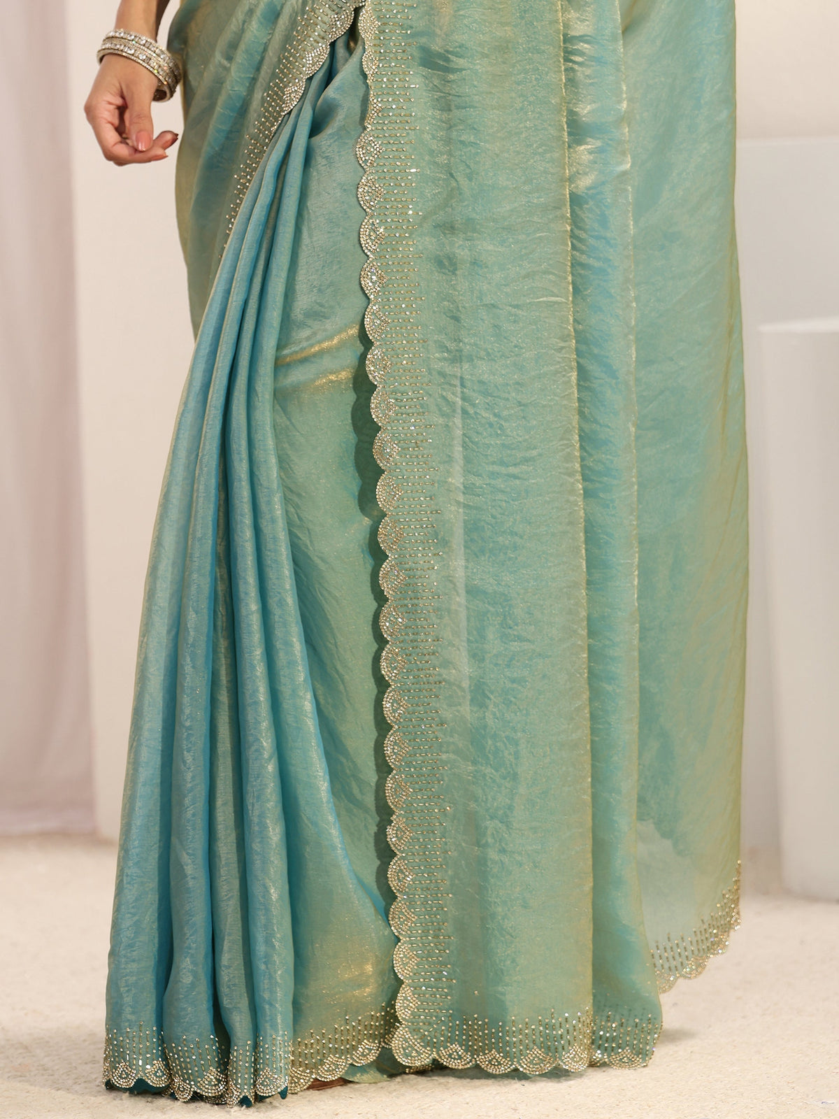 Anouk Blue Embellished Border Tissue Saree With Unstitched Blouse Piece