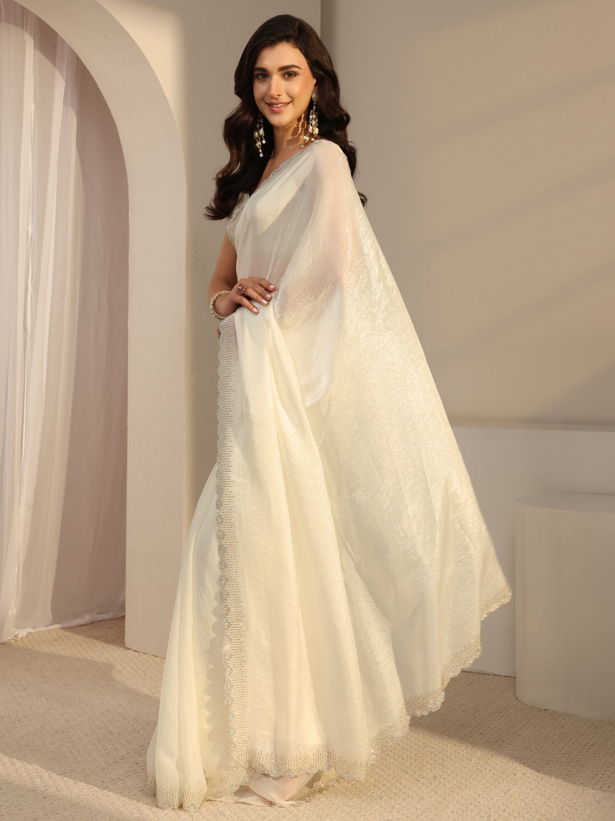 Anouk Ivory Embellished Border Tissue Saree With Unstitched Blouse Piece