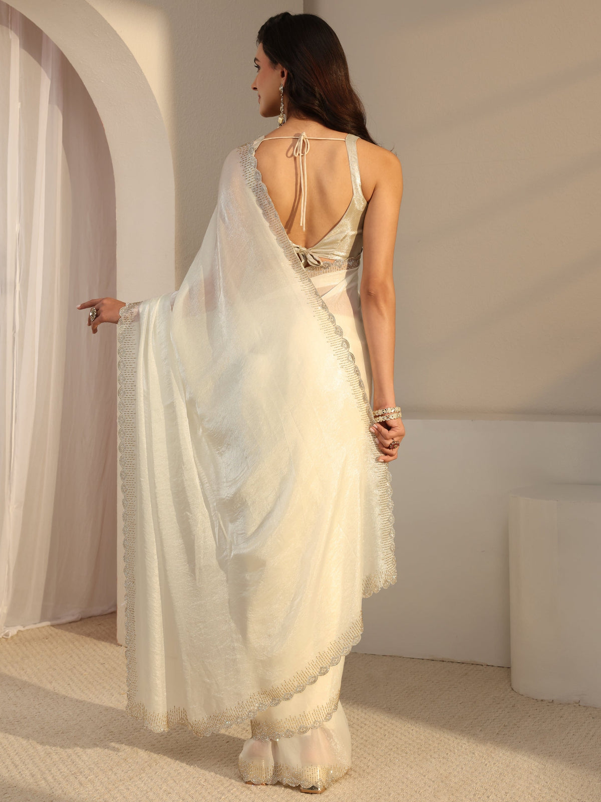 Anouk Ivory Embellished Border Tissue Saree With Unstitched Blouse Piece