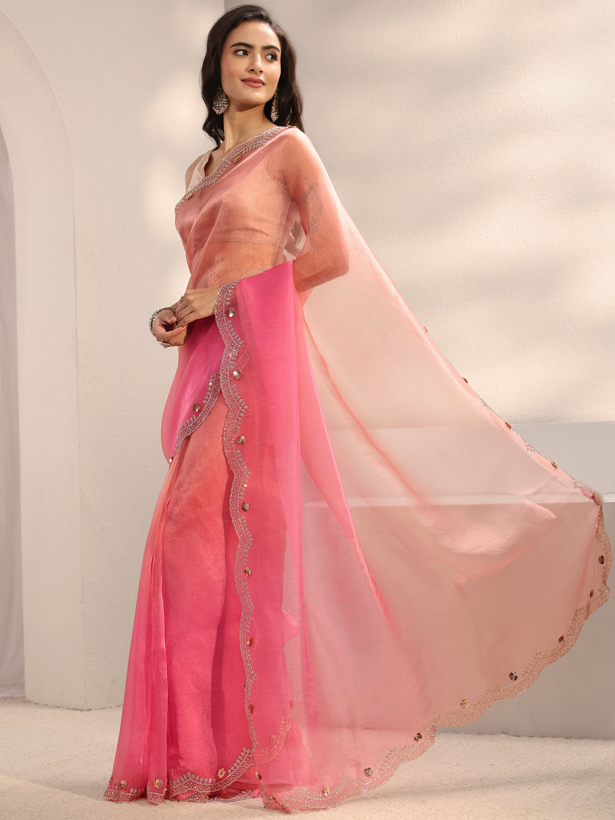 Anouk Pink Embellished Border Ombre Tissue Saree With Unstitched Blouse Piece
