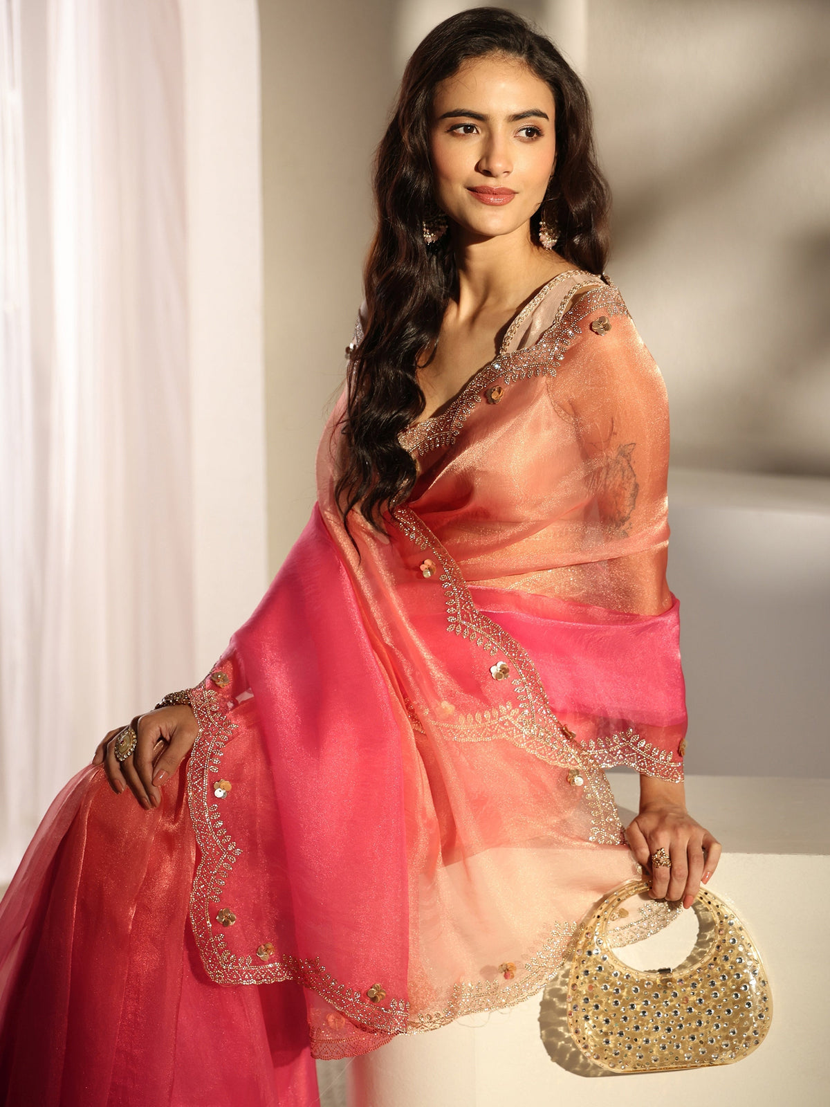 Anouk Pink Embellished Border Ombre Tissue Saree With Unstitched Blouse Piece