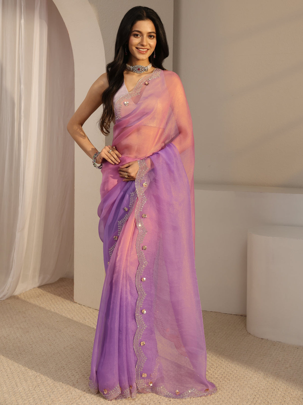 Anouk Purple Embellished Tissue Saree With Unstiched Blouse Piece