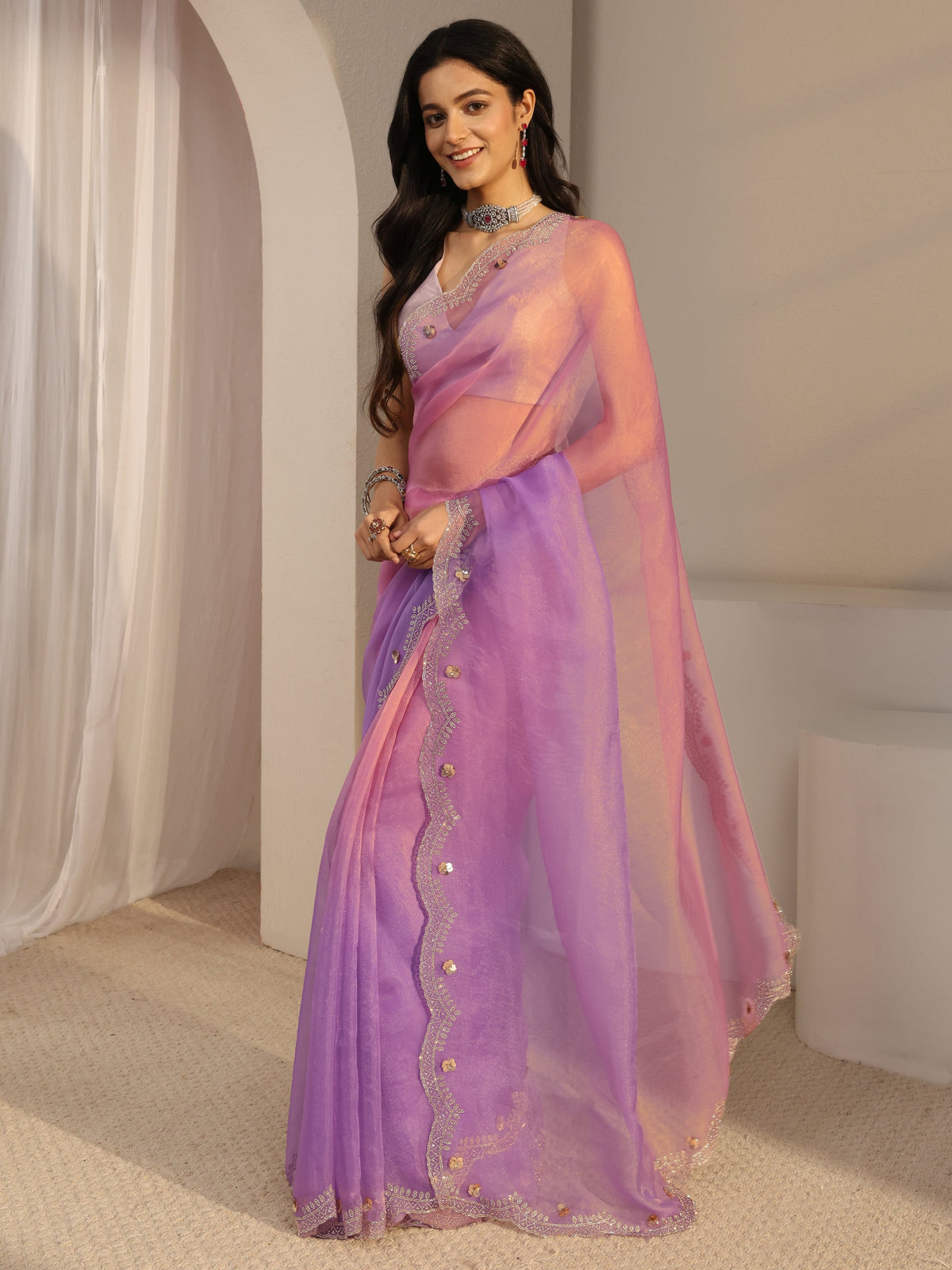 Anouk Purple Embellished Tissue Saree With Unstiched Blouse Piece
