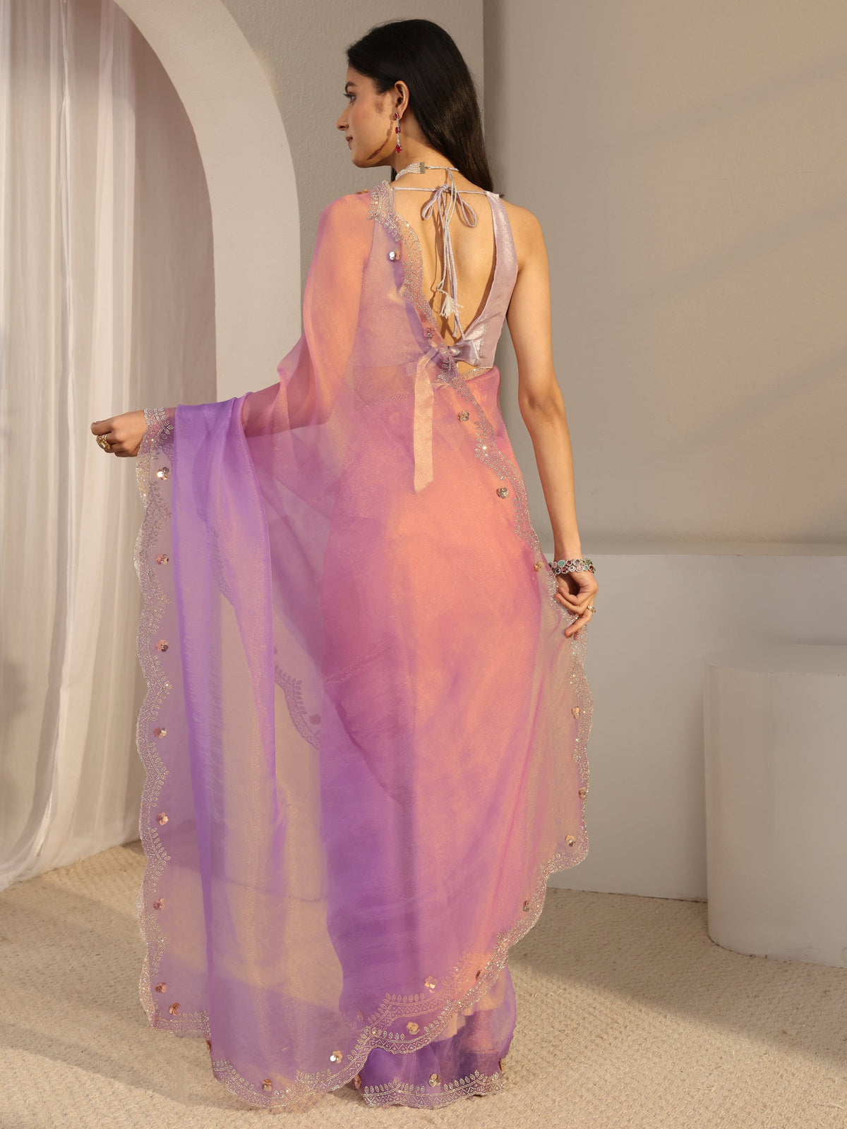 Anouk Purple Embellished Tissue Saree With Unstiched Blouse Piece