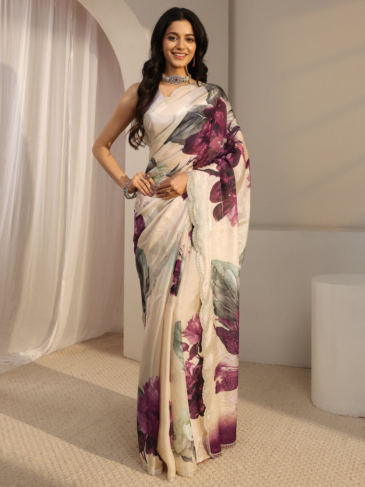 Anouk Ivory Embellished Tissue Saree With Unstiched Blouse Piece