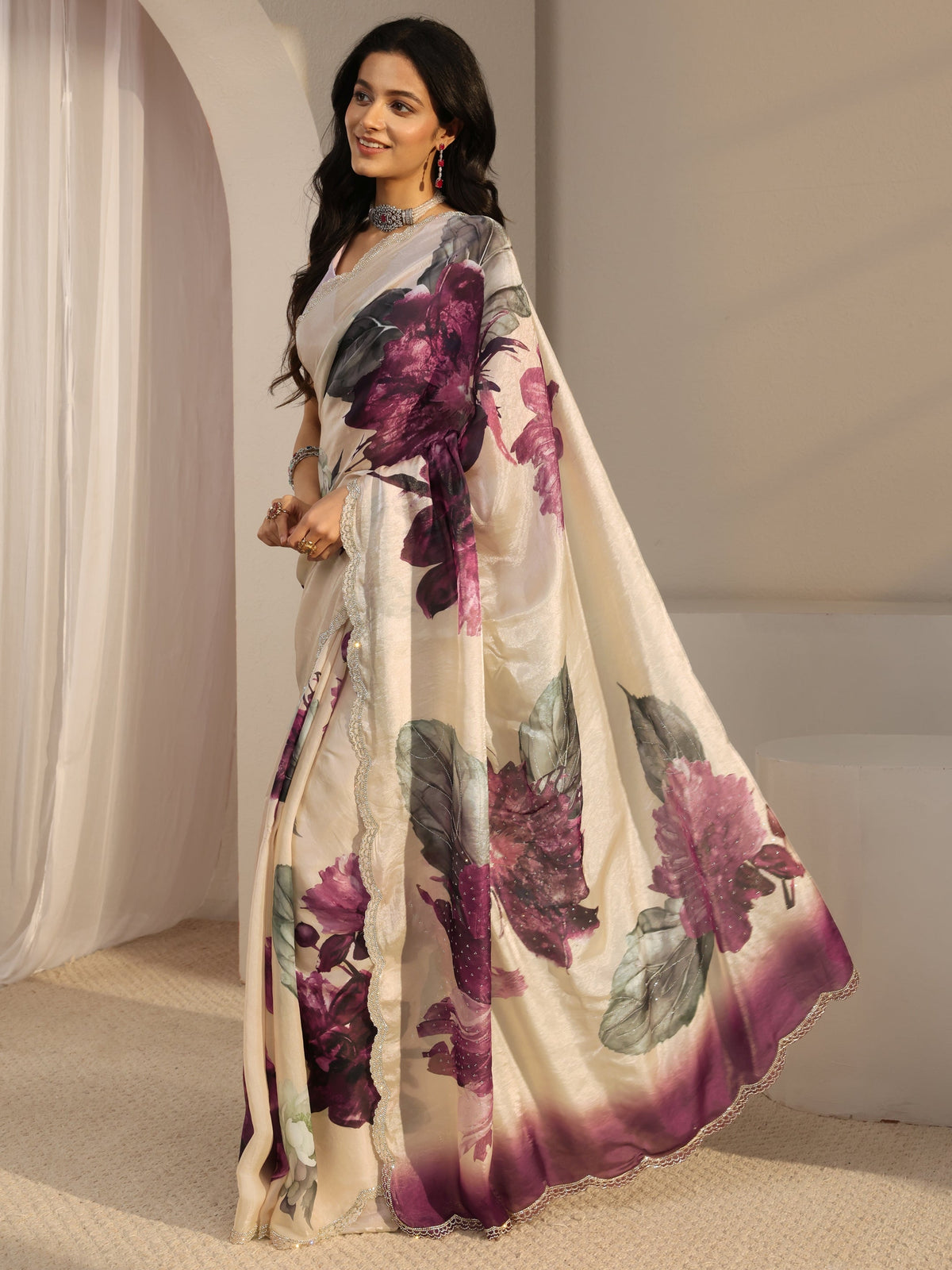 Anouk Ivory Embellished Tissue Saree With Unstiched Blouse Piece